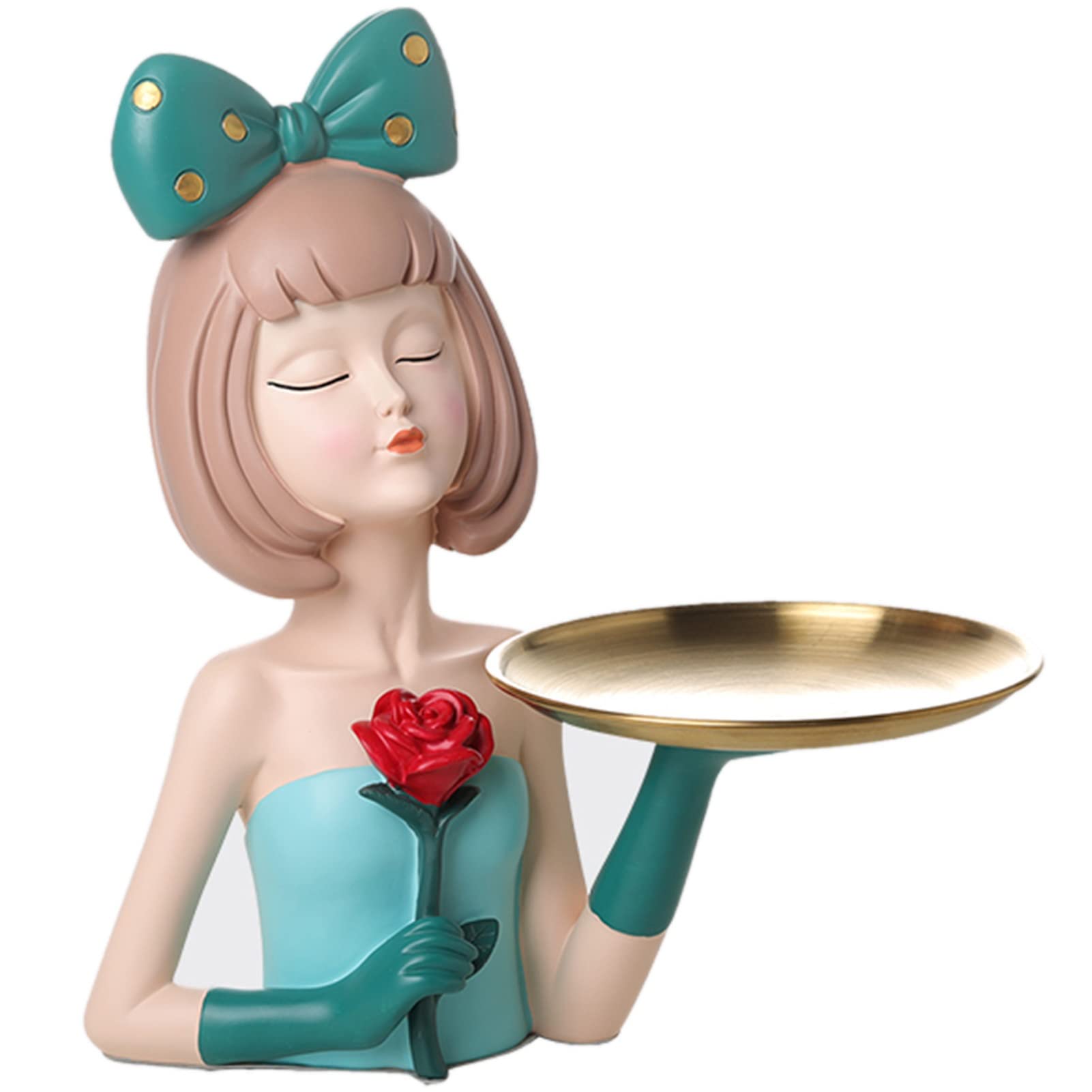 Cute Green Resin Girl Sculpture Storage Box with Tray - Modern Home & Office Desk Decor for Jewelry, Keys, Candy Organization | Creative Gift Idea for Women & Girls