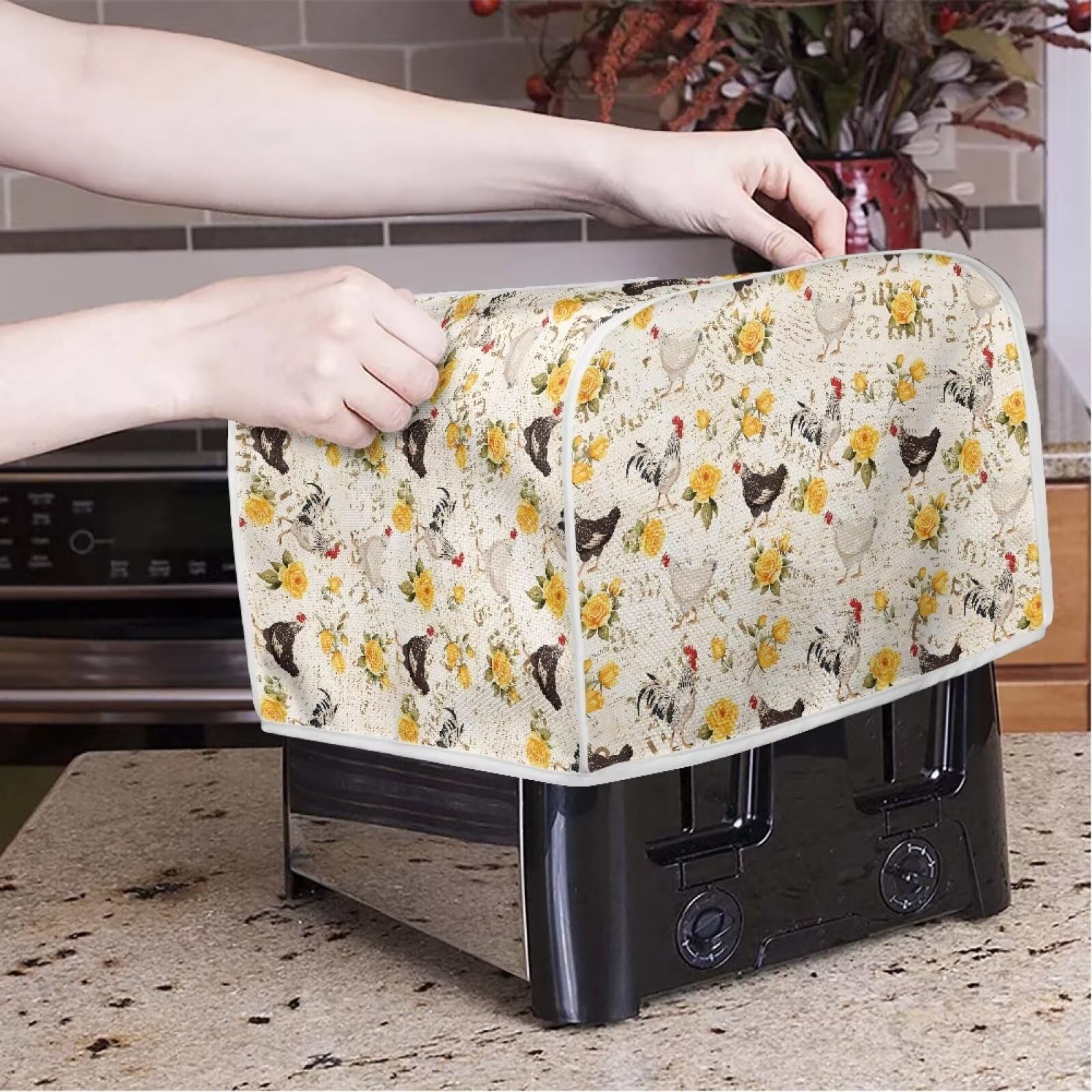 Rooster Chicken Rose Print 2-Slice Toaster Cover - Dust Protection Washable Kitchen Appliance Cover with Handle - Perfect for Bread Makers, Toaster Ovens & Kitchen Accessories - Ideal for Home, Office & Cafe Use