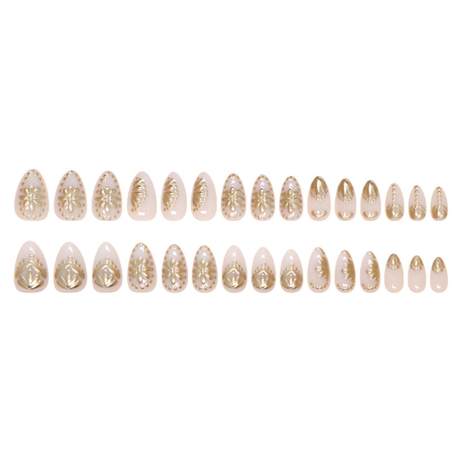 30Pcs Short Medium Almond Fake Nails - Gold Chrome Plating Floral Acrylic Press on Nails with 3D Carving French Tips - Full Cover Glossy Stick on Nails for Women & Girls - Perfect for Parties, Weddings, Date Nights and Special Occasions