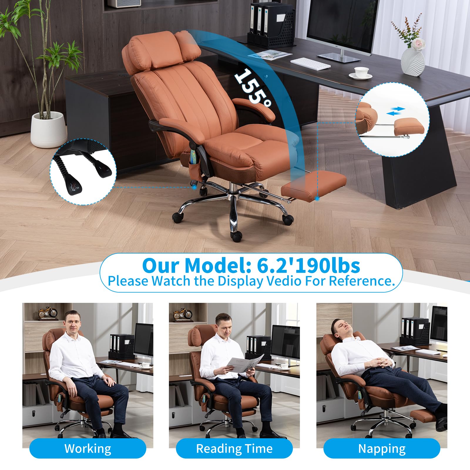 Big and Tall Massage Office Chair with Heat & 8 Vibration Points - Adjustable Headrest, Extra Wide Seat, Footrest & Padded Armrests - Reclining High Back Executive Chair for Home Office, Gaming & Workspace Comfort