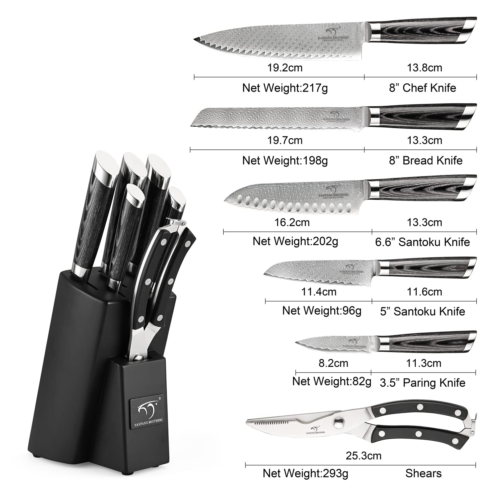 Premium 7-Piece Damascus Steel Knife Set with Wooden Block - Chef Knives, Kitchen Shears & Ergonomic ABS Handles - Perfect for Home Cooking, Professional Chefs & Gourmet Food Preparation