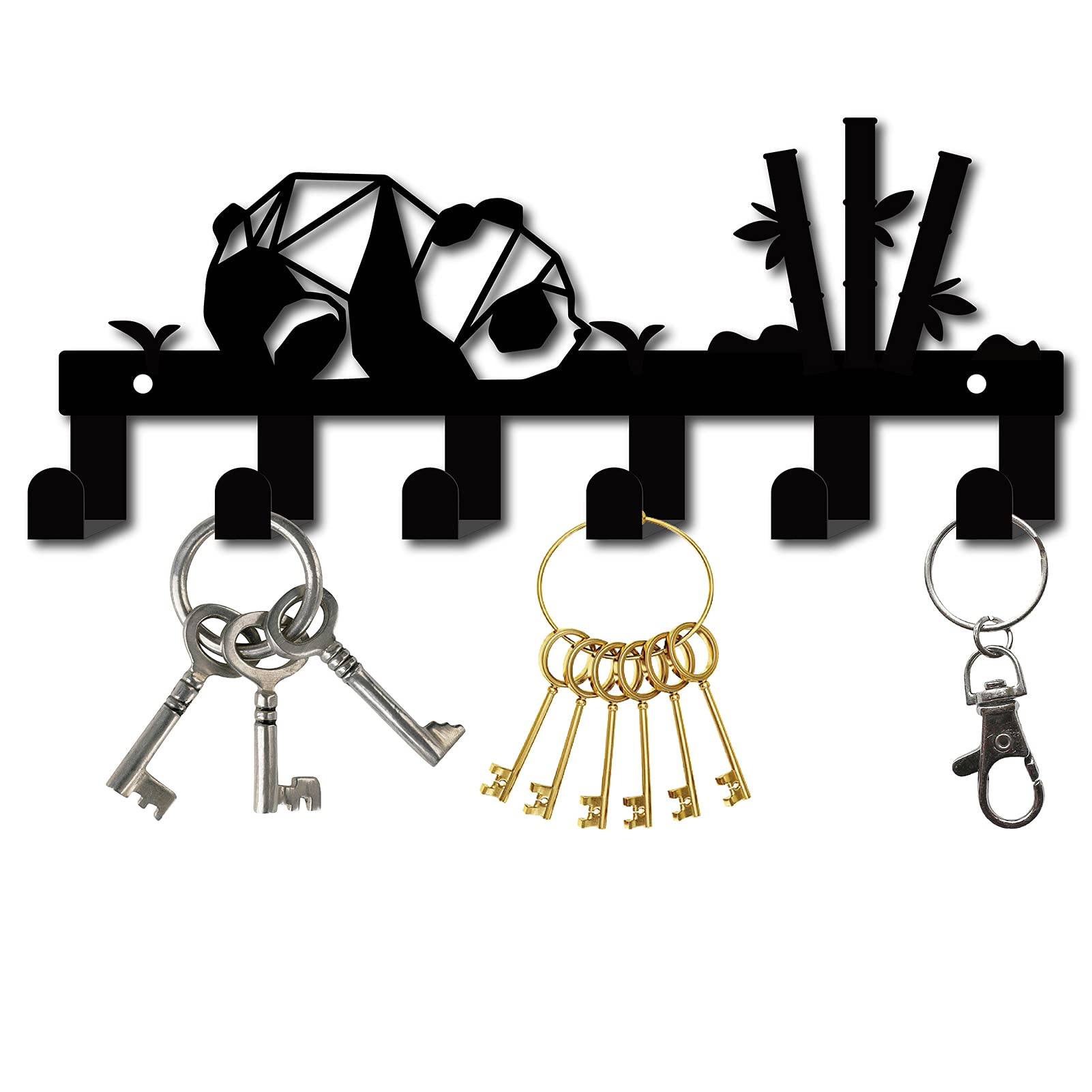 CREATCABIN Metal Key Holder with 6 Hooks - Wall Mount Key Organizer, Black Iron Hanging Decor for Entryway, Cabinet & Home - Panda Bamboo Design (10.6 x 4.3 Inch) - Perfect Housewarming Gift for Organizing Keys, Hats & Towels