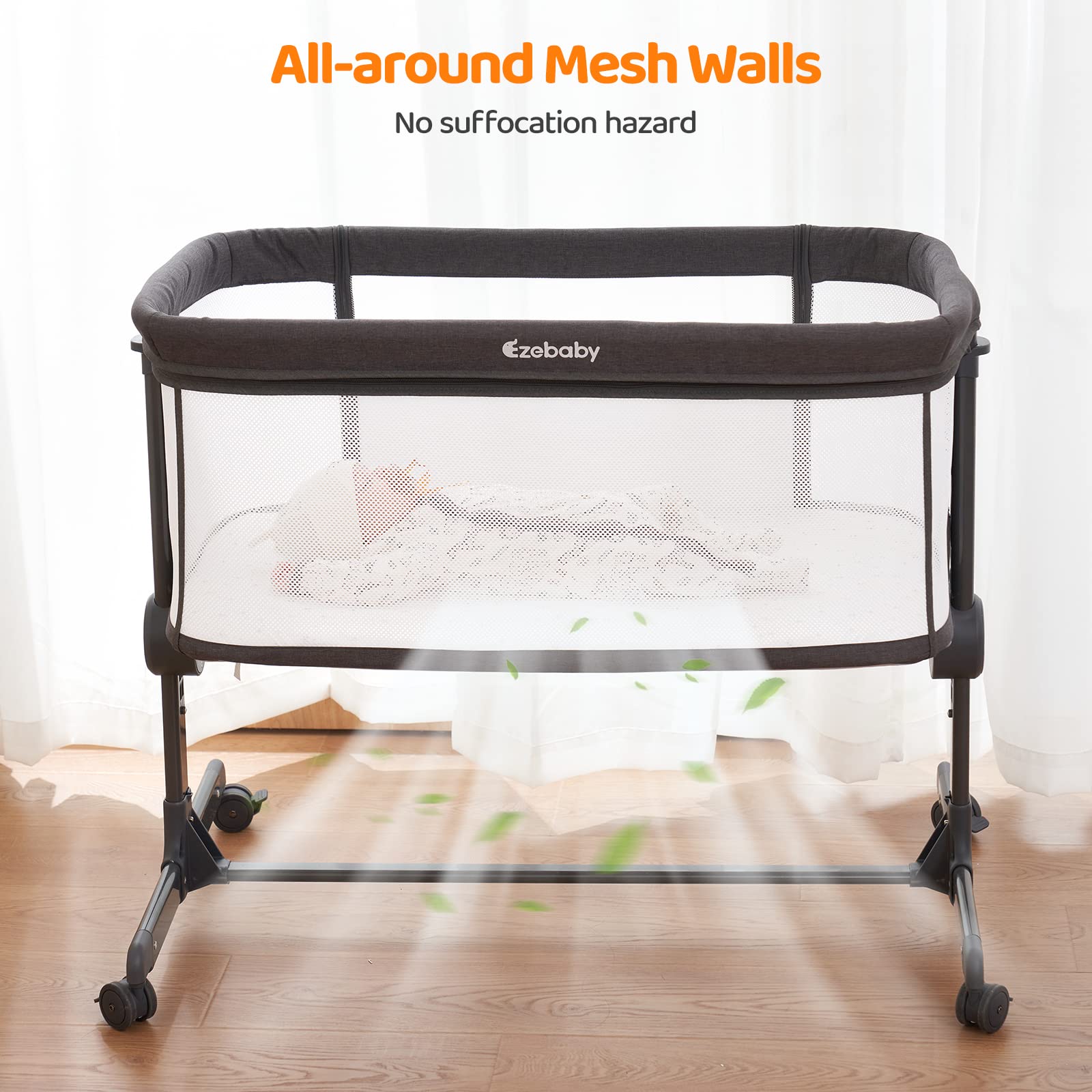 Ezebaby Portable Baby Bassinet Bedside Sleeper - Adjustable 7 Height Levels, Breathable Mesh Sides with Included Mattress & Sheet - Perfect for Newborns & Infants - Ideal for Nursery, Bedroom Co-Sleeping and Travel Use