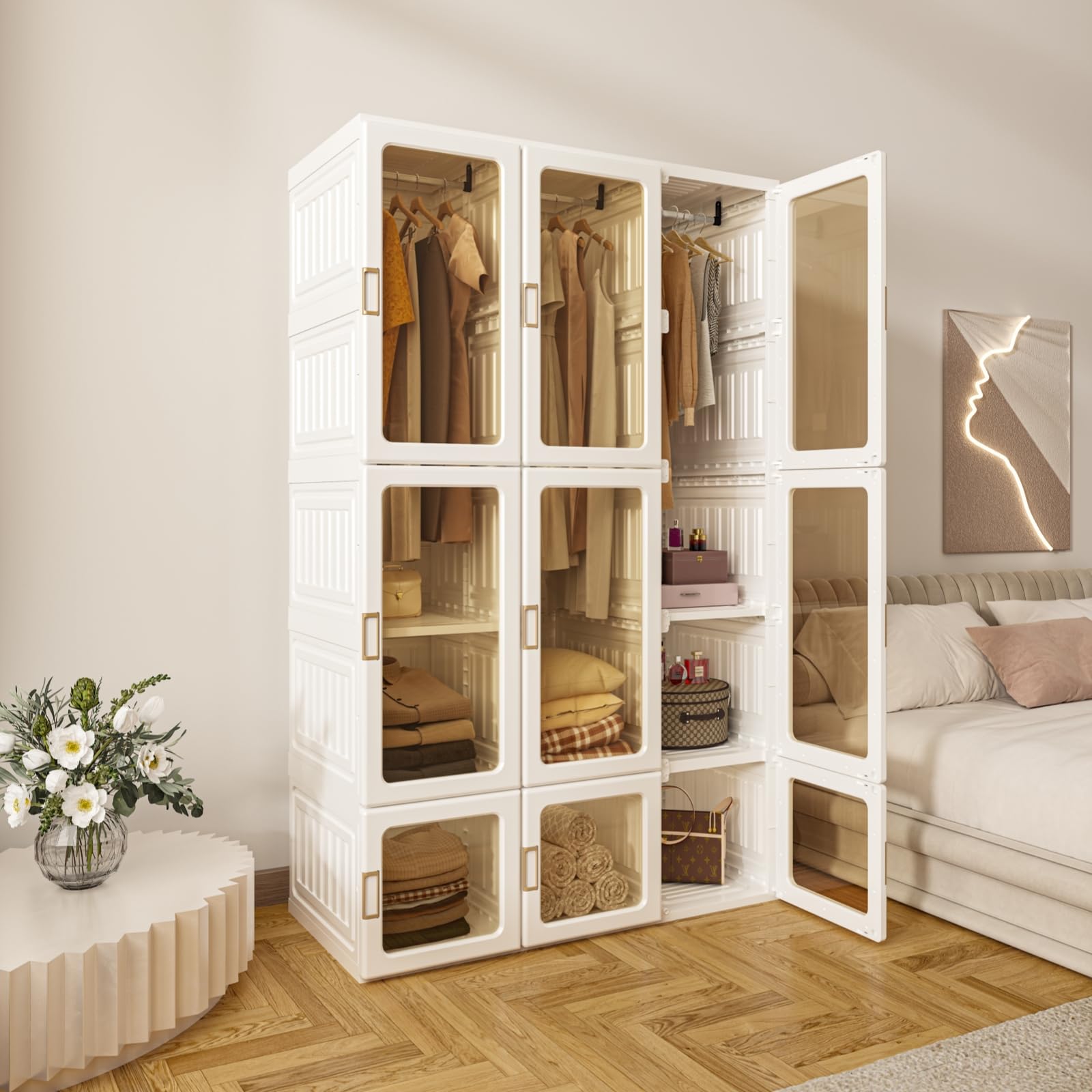 Portable Wardrobe Closet Organizer with Transparent Door Panels & Magnetic Closure - Easy Assembly Plastic Clothes Storage for Bedroom, Living Room, Dorm | Perfect for Seasonal Clothes Storage, Guest Room Organization & Small Space Solution (3 Hanging Rods)