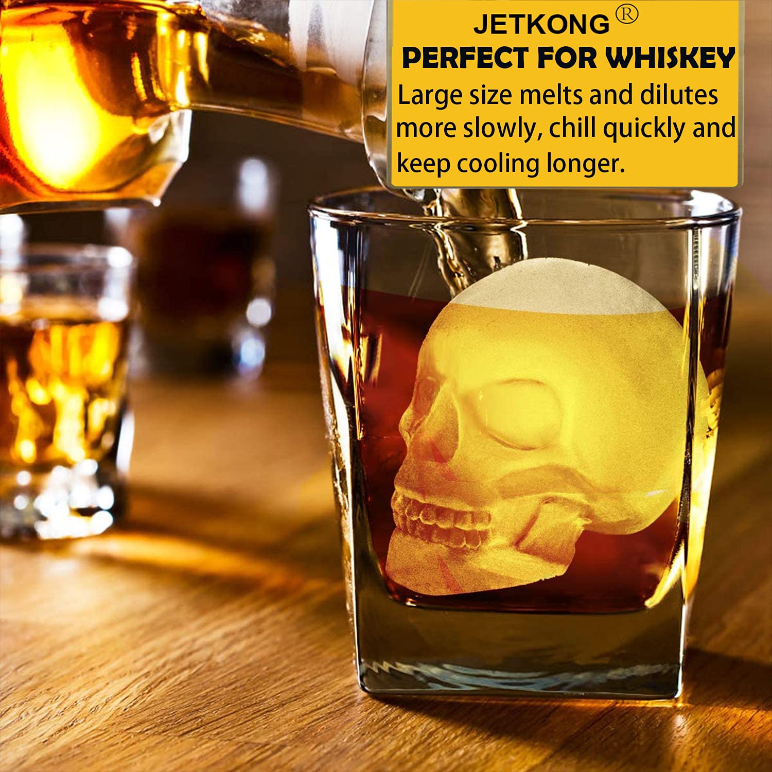 JETKONG 2 Pack Large Skull Ice Mold - Silicone Ice Cube Tray for Whiskey, Cocktails & Beverages - 3D Skull Shaped Ice Maker for Halloween Parties, Themed Drinks & DIY Desserts