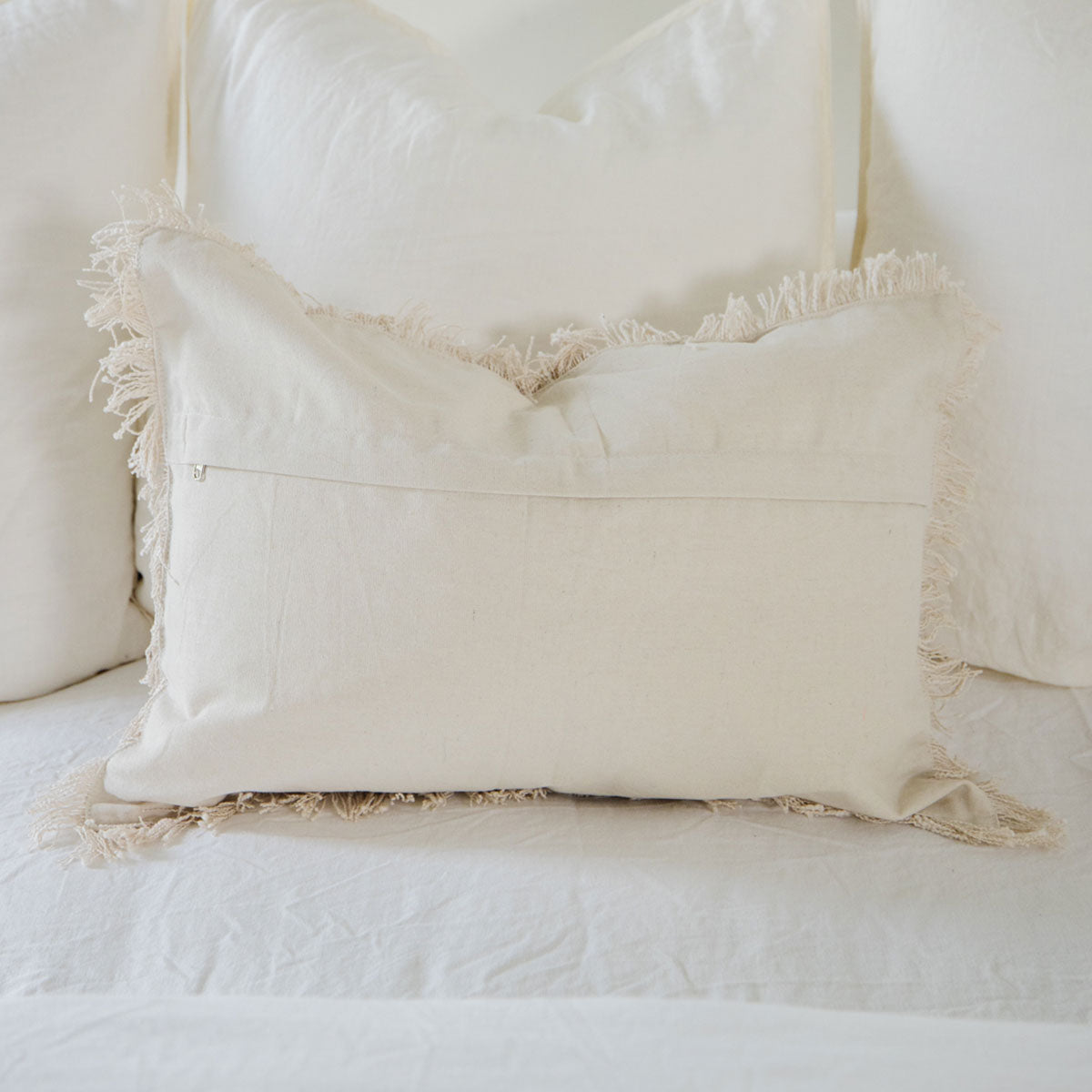 Signature Woven Ivory Slub Fringed Pillow Cover - Bohemian Home Decor for Living Room, Bedroom & Sofa