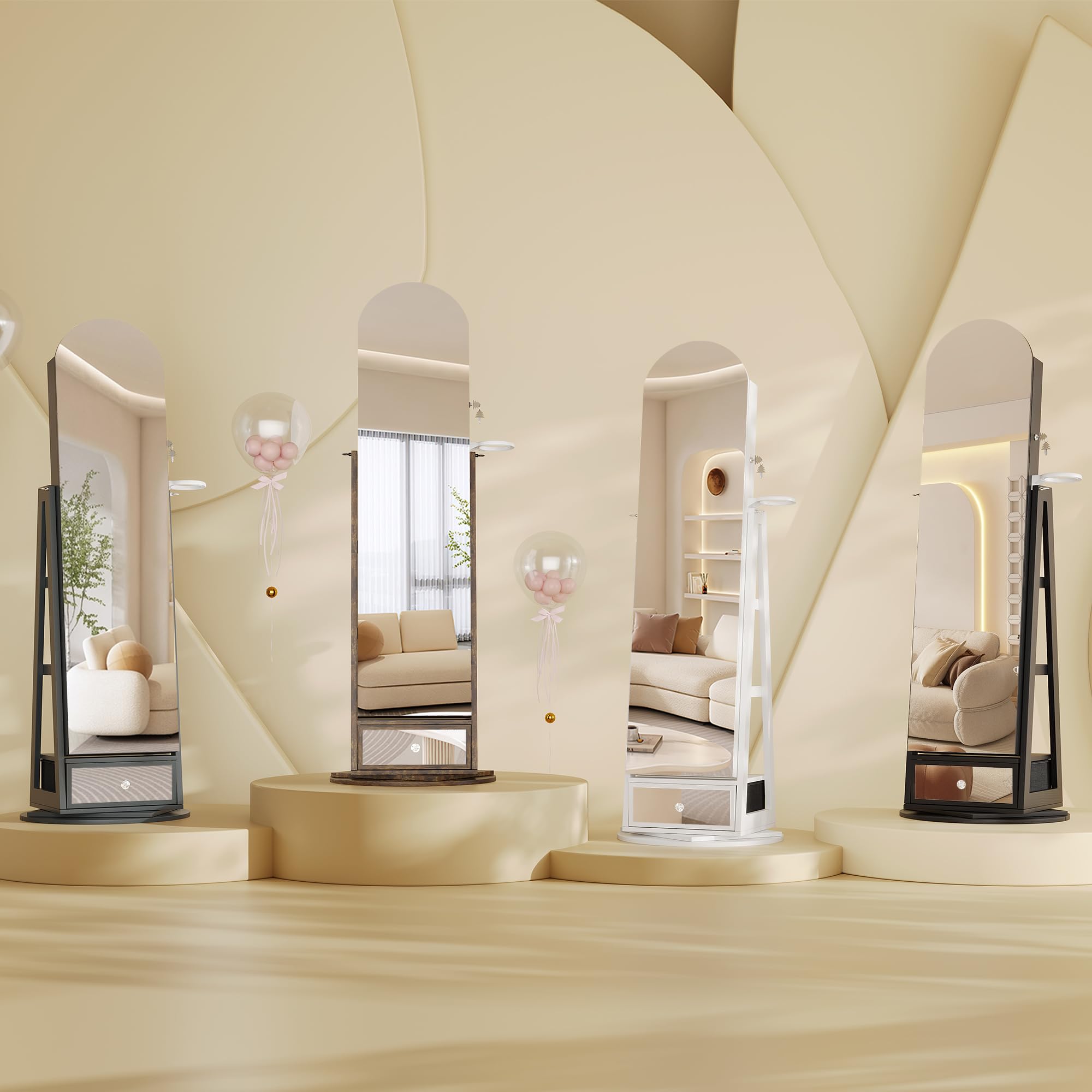 360° Swivel Arched Jewelry Mirror Cabinet with LED Lights - 64