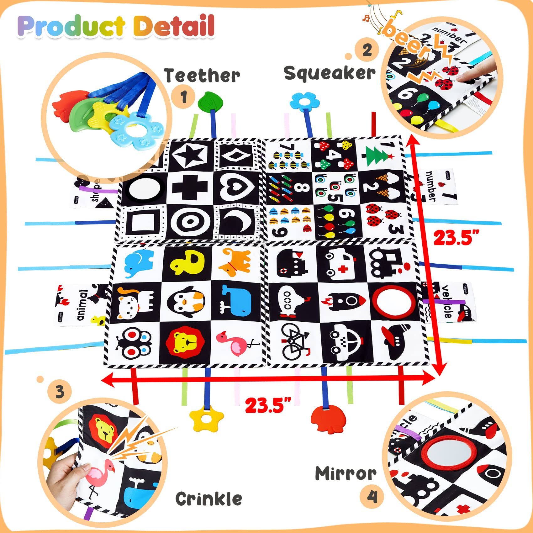 Beiens Baby Sensory Toys 0-18M - Crinkle Mirror & Play Mats Gift Set for Tummy Time