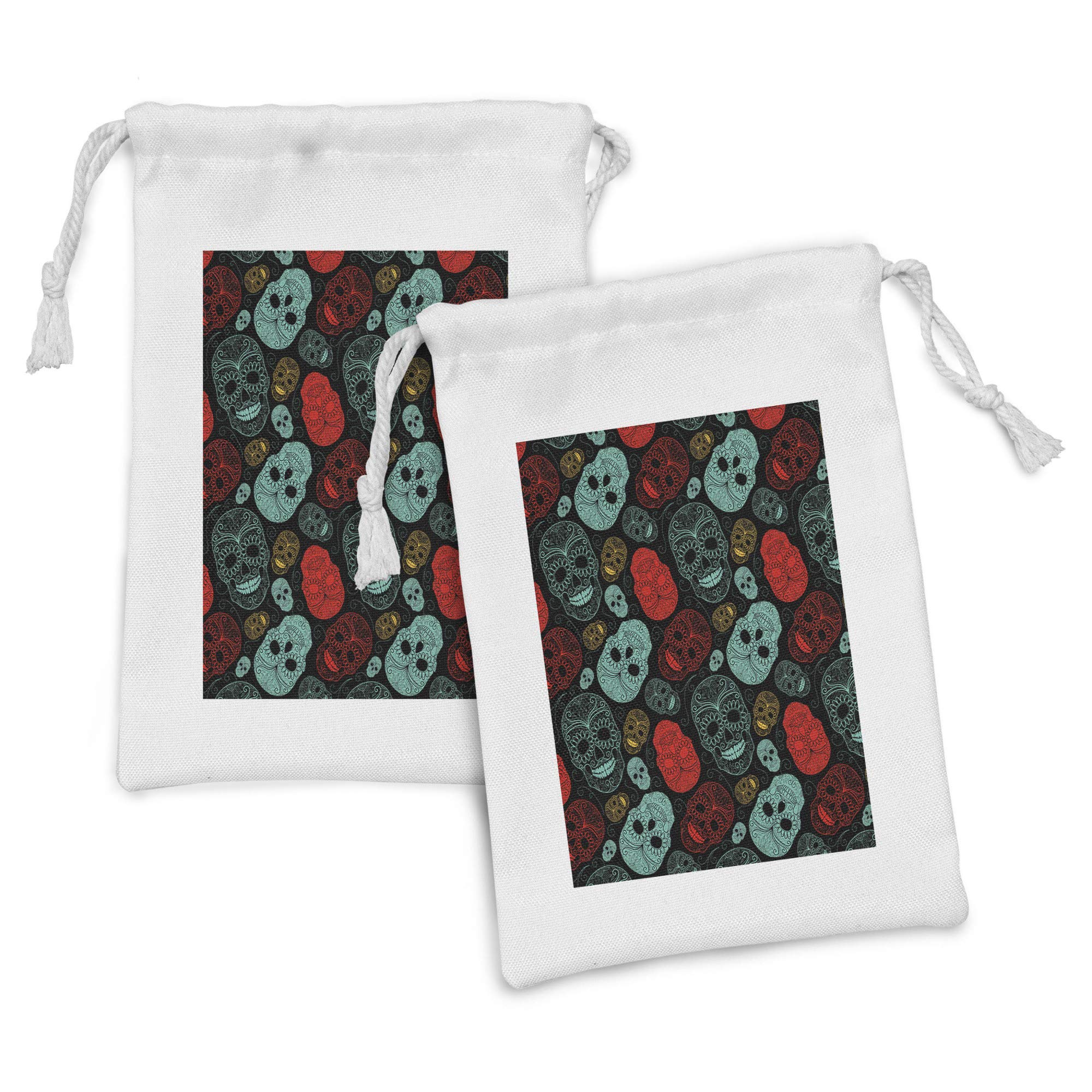 Ambesonne 2-Piece Fabric Pouch Set | Day of the Dead Skull Drawstring Bags | 9