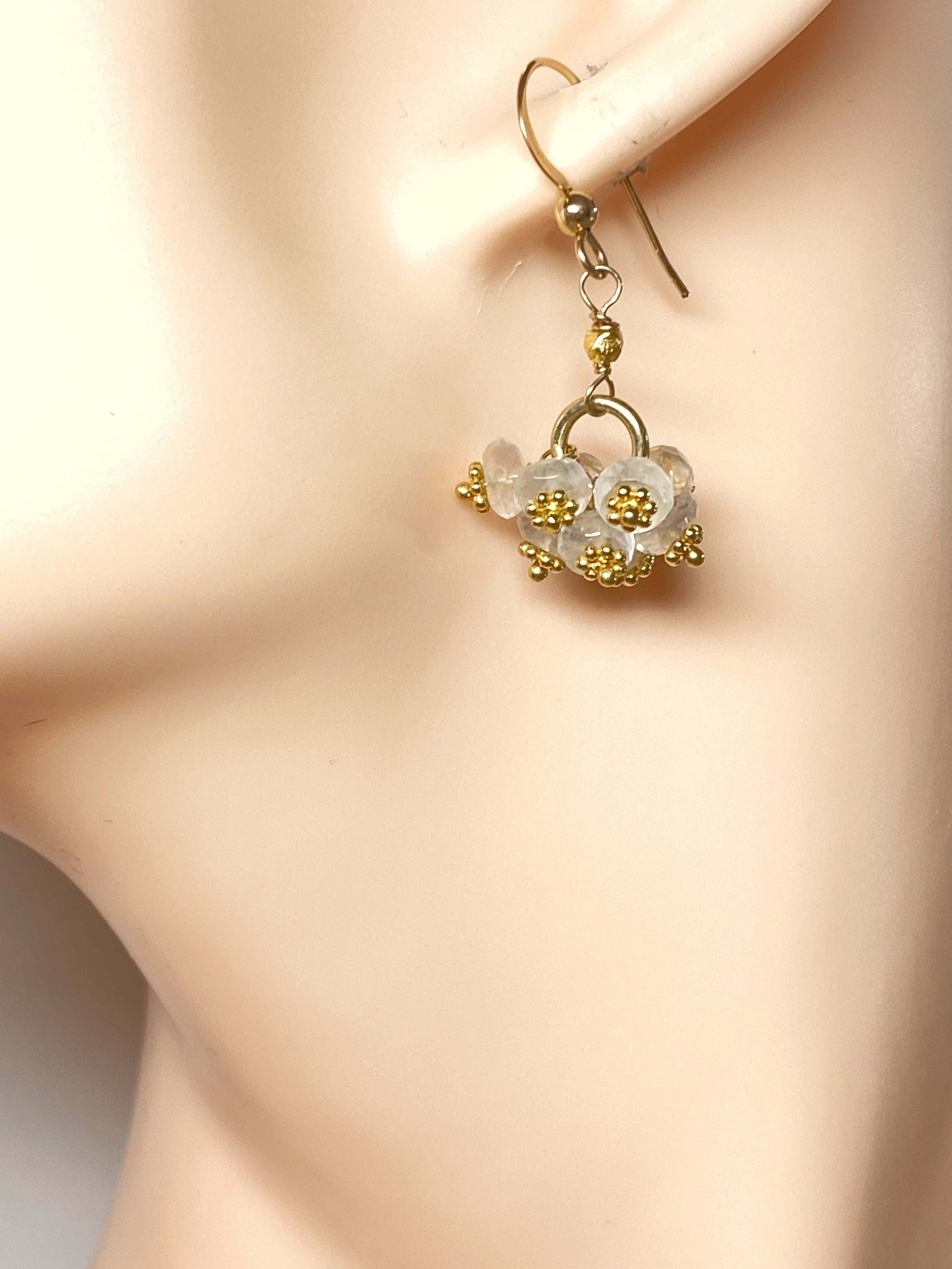 Natural Ceylon Moonstone Cluster Earrings in 14K Gold - Elegant Boho Jewelry for Women, Perfect for Weddings & Special Occasions