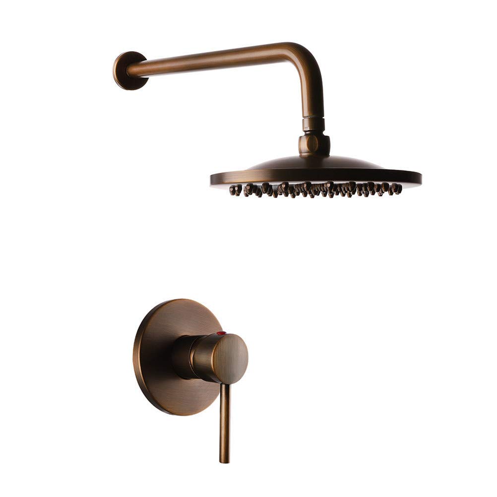 Antique Luxury Brass Wall Mounted Shower Faucet Set with Ceramic Valve & Rainfall Shower Head - Single Handle 3-Hole Bath Shower Mixer Tap System for Vintage Bathroom Decor