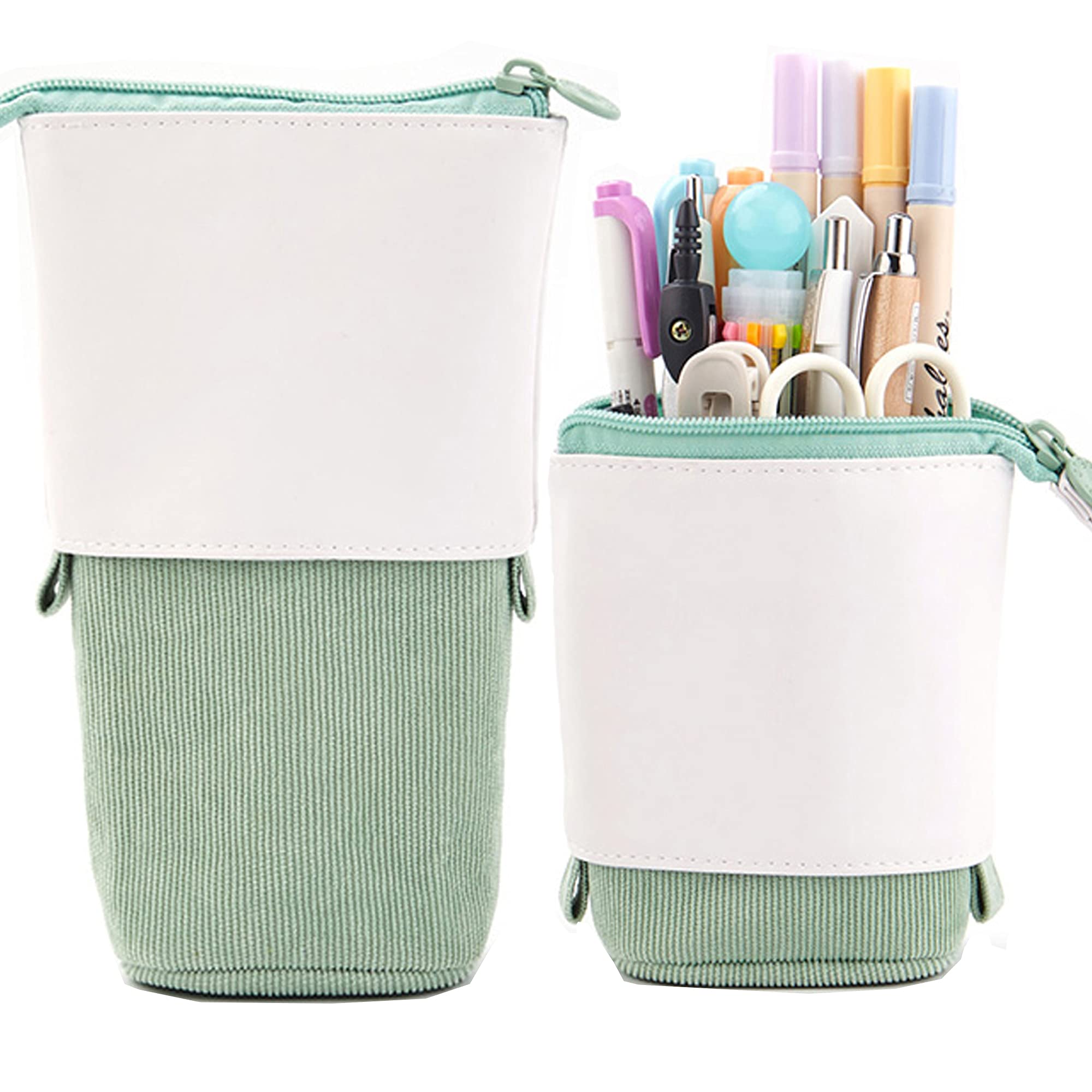 Retractable PU Corduroy Pencil Case - Expandable Stand-Up Pen Holder & Stationery Organizer, Colorful School Supplies for Students, Office & Travel - Perfect Christmas Gift (Green)
