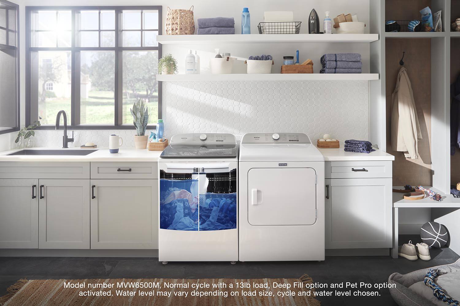 Maytag 5.4 cu. ft. White Top Load Washer & 7.0 cu. ft. Gas Dryer Set (MVW6500MW/MGD6500MW) - Perfect for Large Families & Laundry Rooms