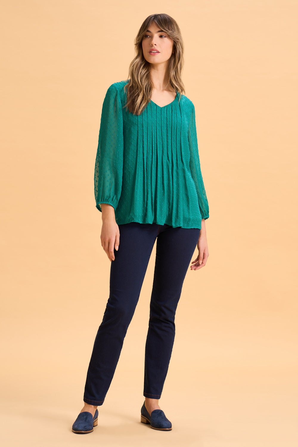 Elegant Clipped Georgette Blouse for Women - Meadow Green Flowy Top for Office Wear & Casual Outfits