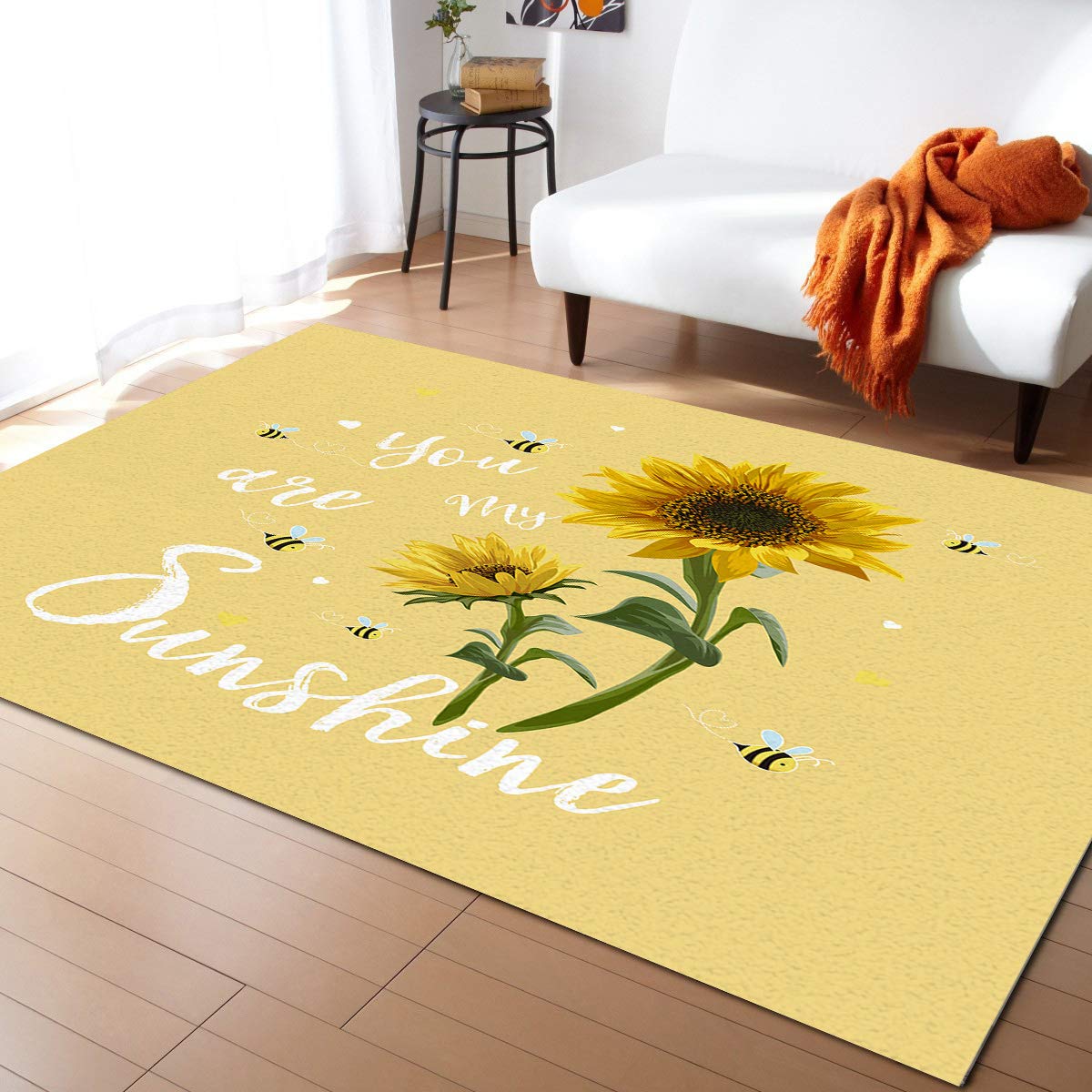 Non-Slip 2.7' x 5' Farmhouse Sunflower Bee Area Rug - Yellow Modern Throw Carpet for Living Room, Bedroom, Nursery - Cozy Home Decor & Perfect for Farmhouse, Boho or Country Style Interiors