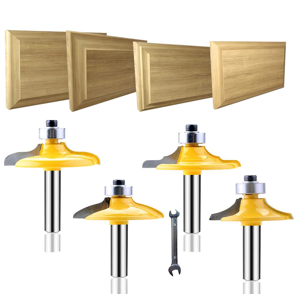 LEATBUY 1/4-Inch Shank 4-Piece Door & Drawer Front Edging Router Bit Set - Carbide CNC Woodworking Milling Cutter Tools for Cabinets, Furniture & DIY Projects - Perfect for Panel Grooving and Edge Trimming