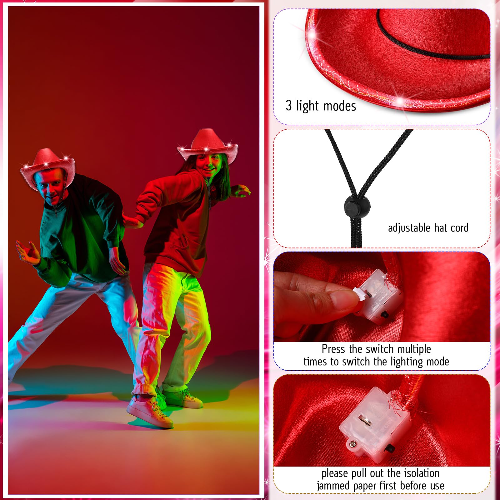 LED Cowboy Hat - 10 Pcs Flashing Cowgirl Hats for Western Party & Role Play
