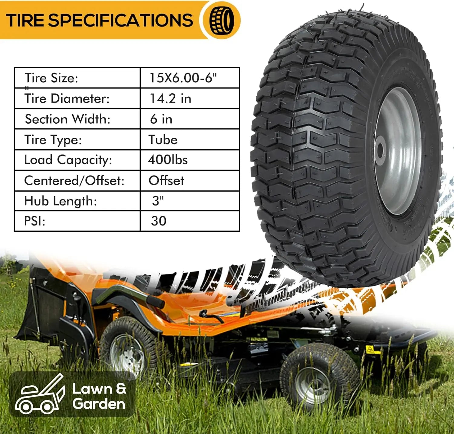 2PCS Autocessking 15x6.00-6 Front Tire & Wheel Assemblies for Craftsman Riding Mowers & Lawn Tractors – 3
