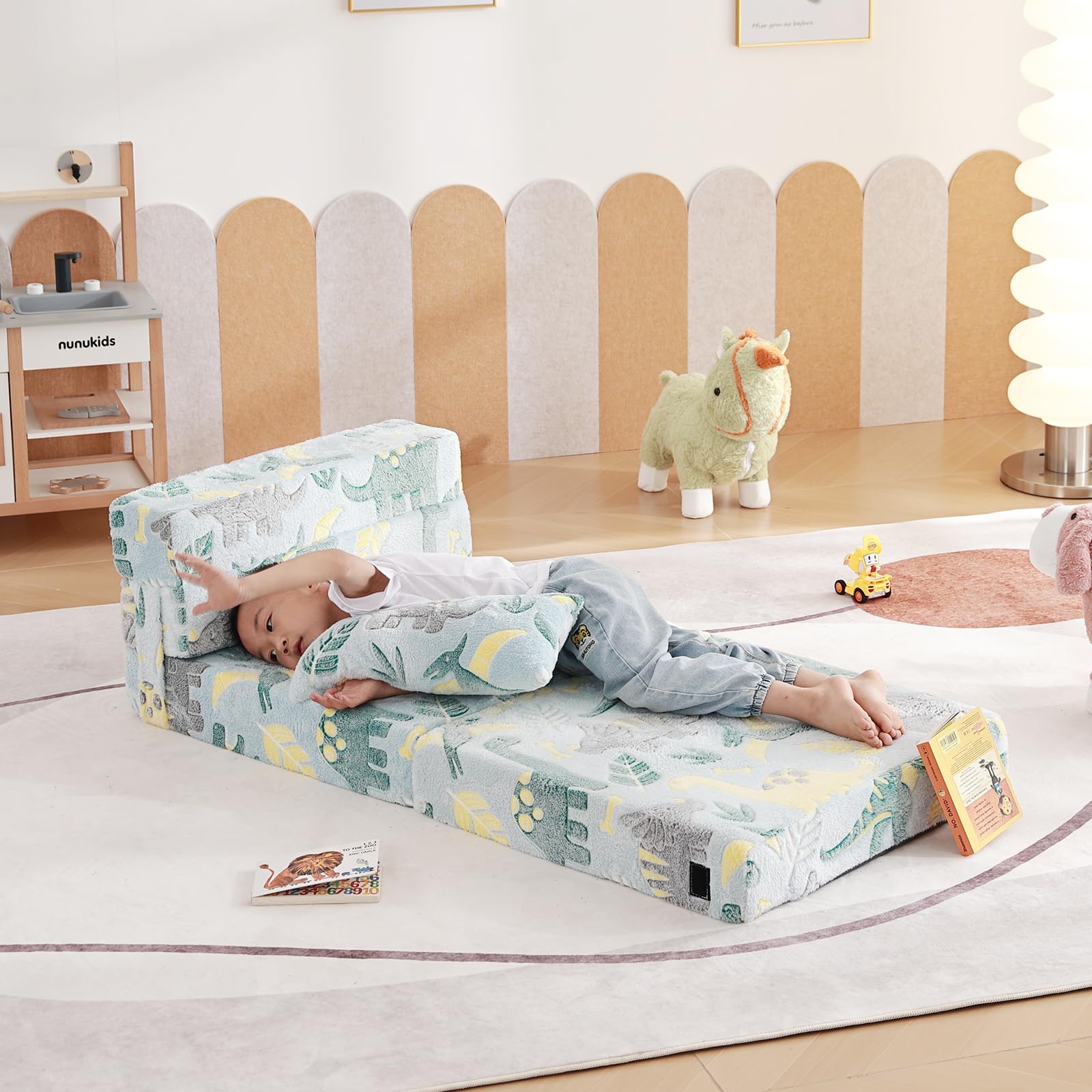 Tiita Kids Folding Sofa Bed - Convertible Toddler Floor Bed & Nap Mat with Storage Bag | Green Dinosaur Design | Perfect for Playrooms, Daycare & Sleepovers