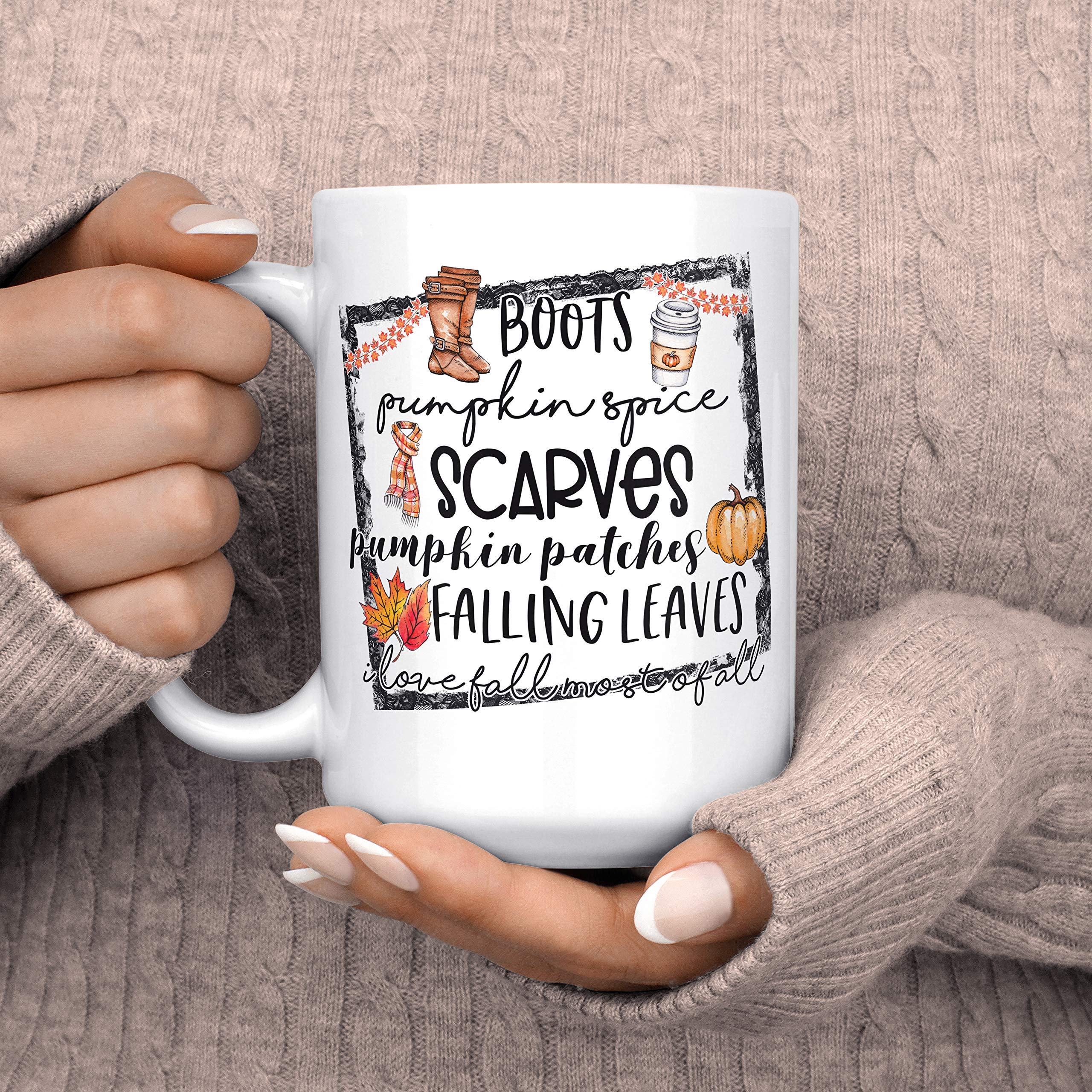 Pumpkin Spice Coffee Mug - I Love Fall Most of All Ceramic Cup | Microwave & Dishwasher Safe | Perfect for Autumn Holidays, Thanksgiving, Halloween & Cozy Home Decor