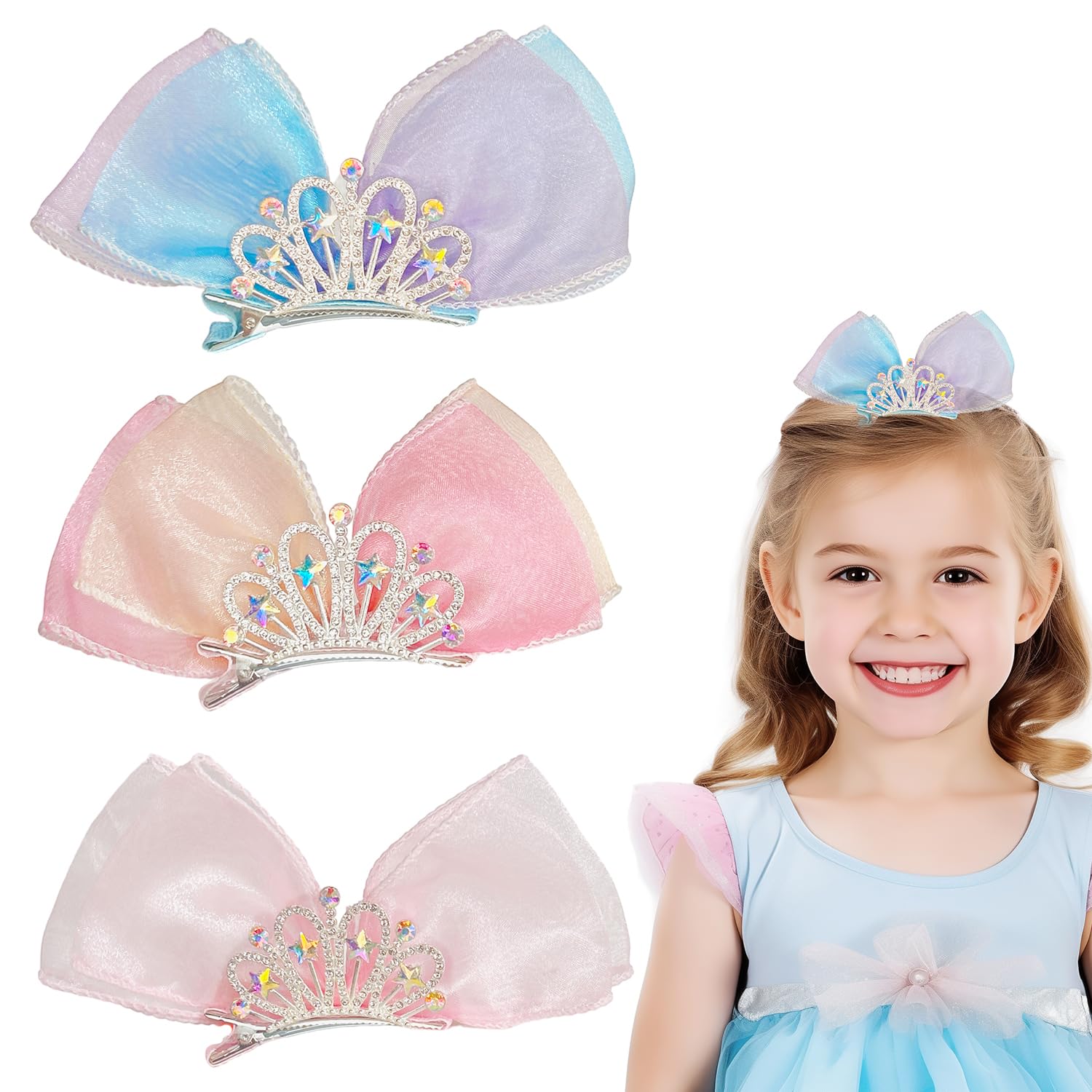 Royal Tiara Hair Clips for Girls - 3PCS Sparkling Rhinestone Bow Hair Accessories for Baby, Toddler & Kids | Perfect for Birthday Parties, Pageants & Special Occasions