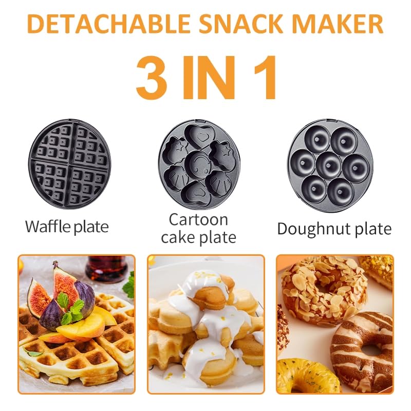 3-in-1 Electric Donut Maker & Waffle Sandwich Machine with Interchangeable Non-Stick Plates - Perfect for Breakfast, Snacks, and Desserts | Cartoon Design for Kids & Family Fun | Compact & Detachable Toaster for Home, Office, or Party Use