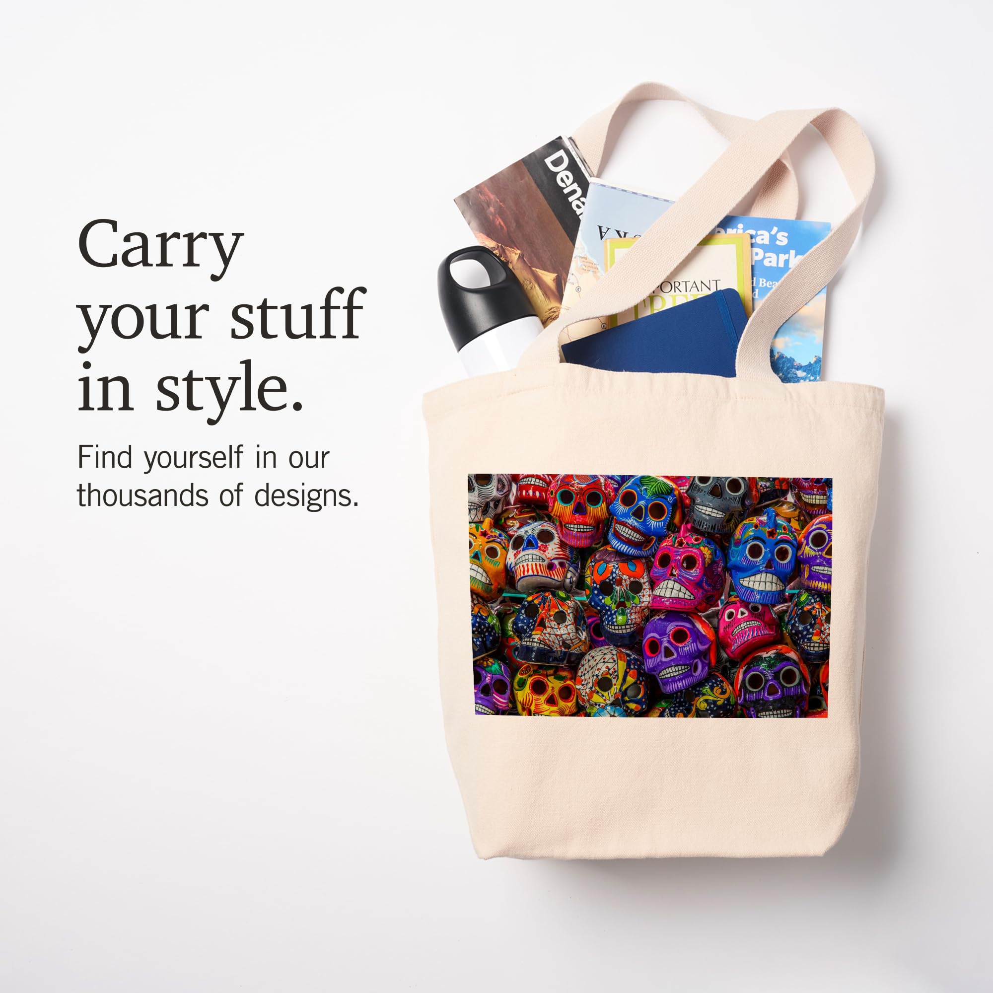 Lantern Press Dia de Los Muertos Sugar Skull Tote Bag - Vibrant Mexican Ceramic Art Print on 100% Cotton Canvas (Reusable Shopping Bag for Groceries, Beach & Everyday Use)