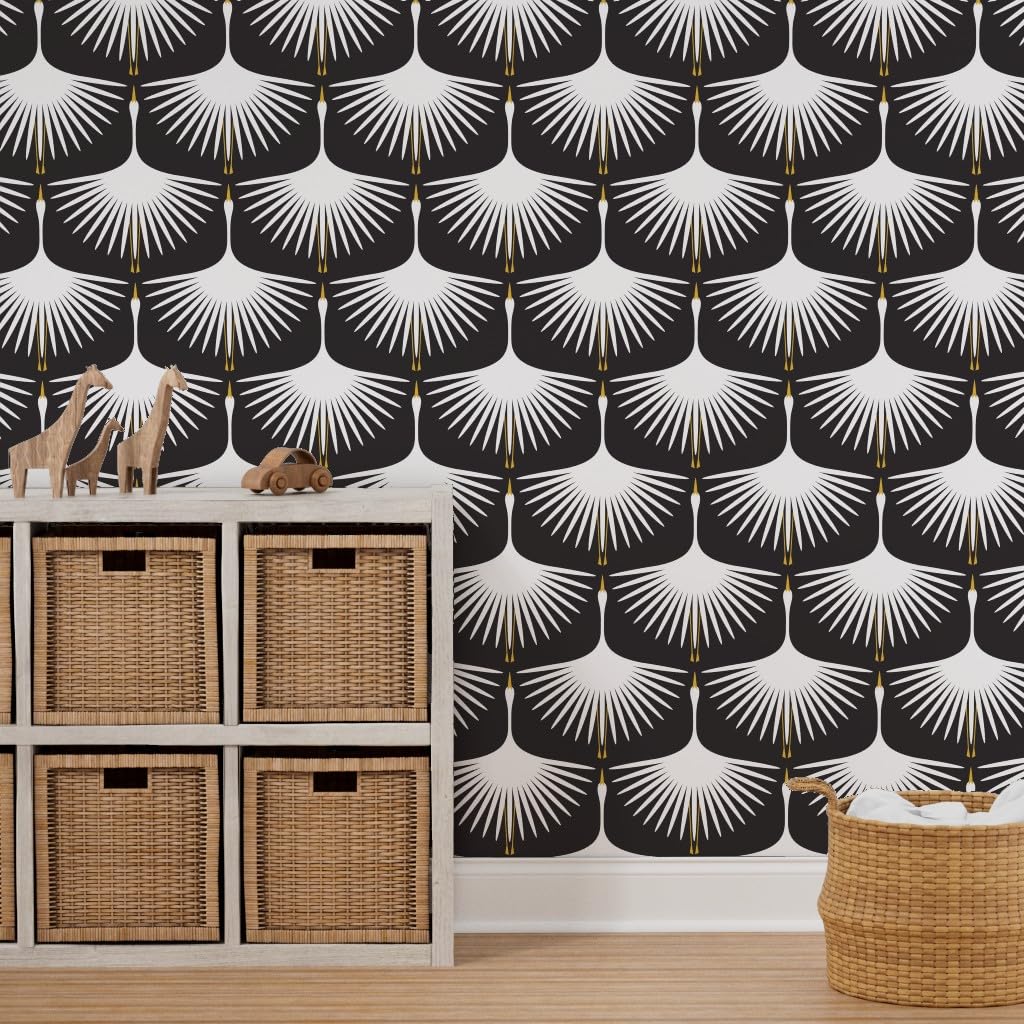 Removable Wallpaper 3ft x 2ft - Black & White Art Deco Bird Feathers Swan Design, Midcentury Inspired, Custom Pre-Pasted Wallpaper by Spoonflower | Perfect for Nursery, Bedroom, Office & Home Decor