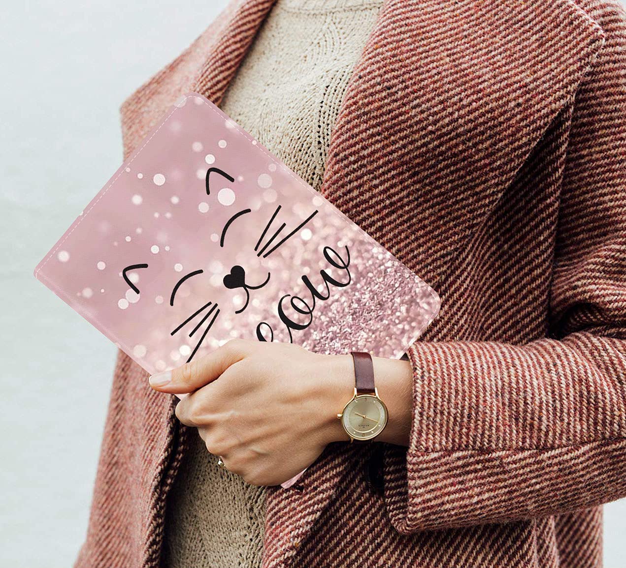 Shockproof Cute Cat Face TPU Case for iPad 9.7 2017/2018 & iPad Air/Air 2 - Adjustable Folio Stand with Auto Sleep/Wake (Pink Glitter Meow Design) - Perfect for Work, School & Travel Protection