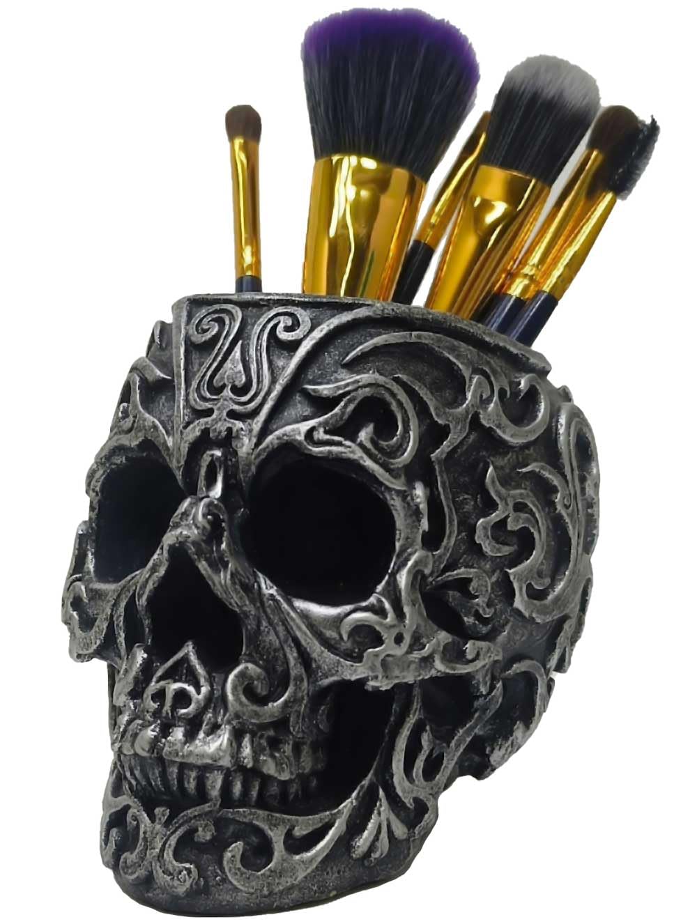 Gothic Skull Makeup Brush Holder & Pen Organizer - Durable Resin Vanity Decor for Home Office Desk, Succulent Planter & Makeup Accessory Storage (Silver) | Perfect for Gothic Decor, Makeup Artists & Dark Aesthetic Lovers