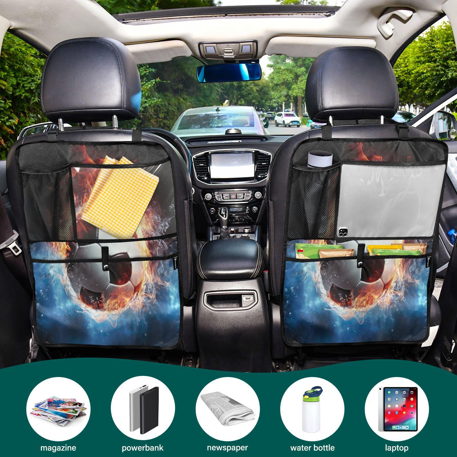 RunningBear Soccer Ball Design 2-Pack Car Seat Protectors - Waterproof & Fire-Resistant Kick Mats with Storage Pockets for Kids | Perfect for Road Trips, School Commutes & Family Travel