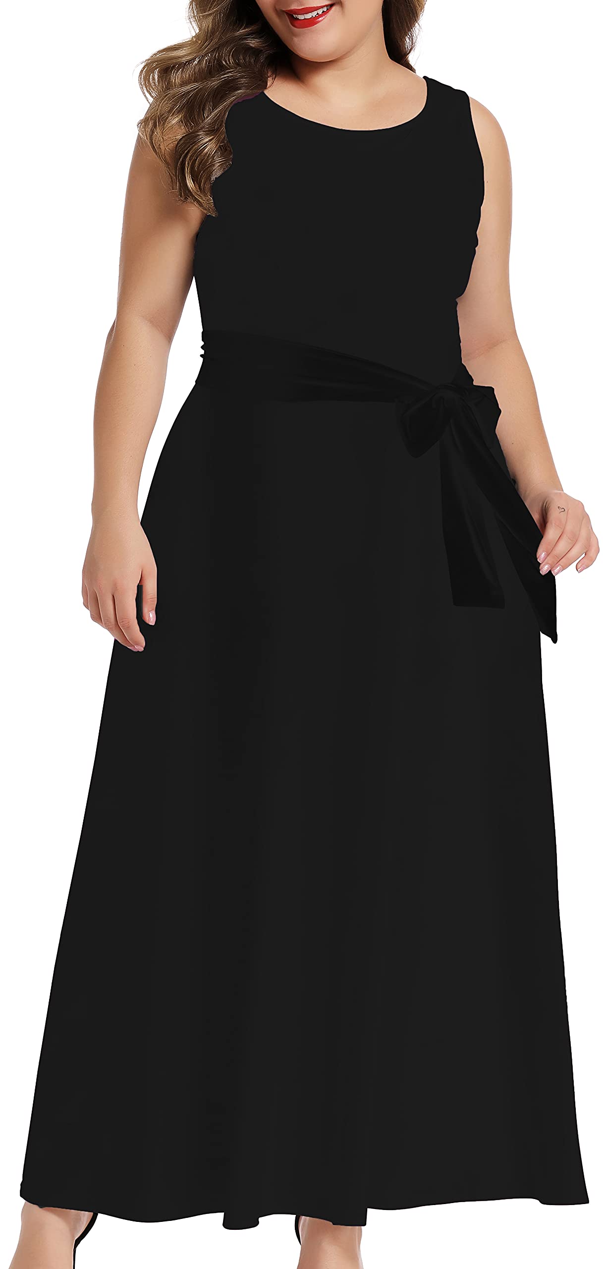 OCSTRADE Women's Plus Size Sleeveless Maxi Dress - Flowy Summer Casual Swing Dress with Adjustable Belt for Beach, Vacation & Outdoor Events