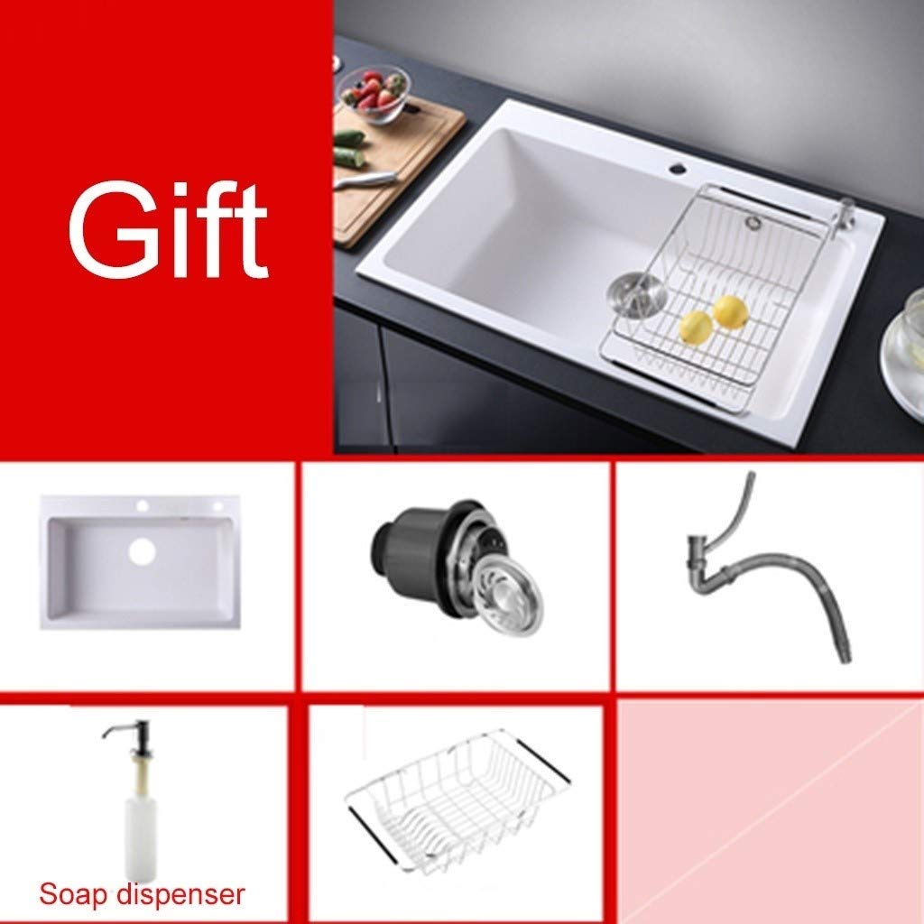 Premium Italian White Quartz Stone Kitchen Sink - 55cm Single Basin with Stainless Steel Drain Basket & Accessories Set - Durable for Modern Home, Restaurant & Commercial Use (Color: White)