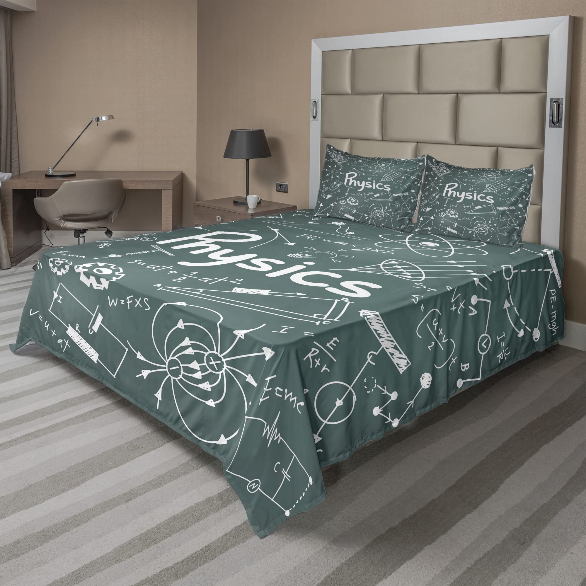 Ambesonne Physics Science Themed 4-Piece Sheet Set - King Size, Army Green & White with Mathematical Formulas | Perfect for Science Enthusiasts, Dorm Rooms & Geeky Bedroom Decor