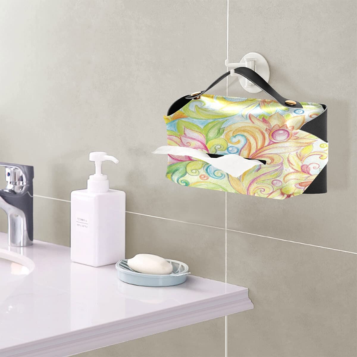 Floral PU Leather Tissue Box Cover - Rectangle Hanging Tissue Holder Dispenser for Bathroom, Bedroom, Dresser - 9.4x5.1x3.6 Inches - Perfect for Home Decor & Gift Giving