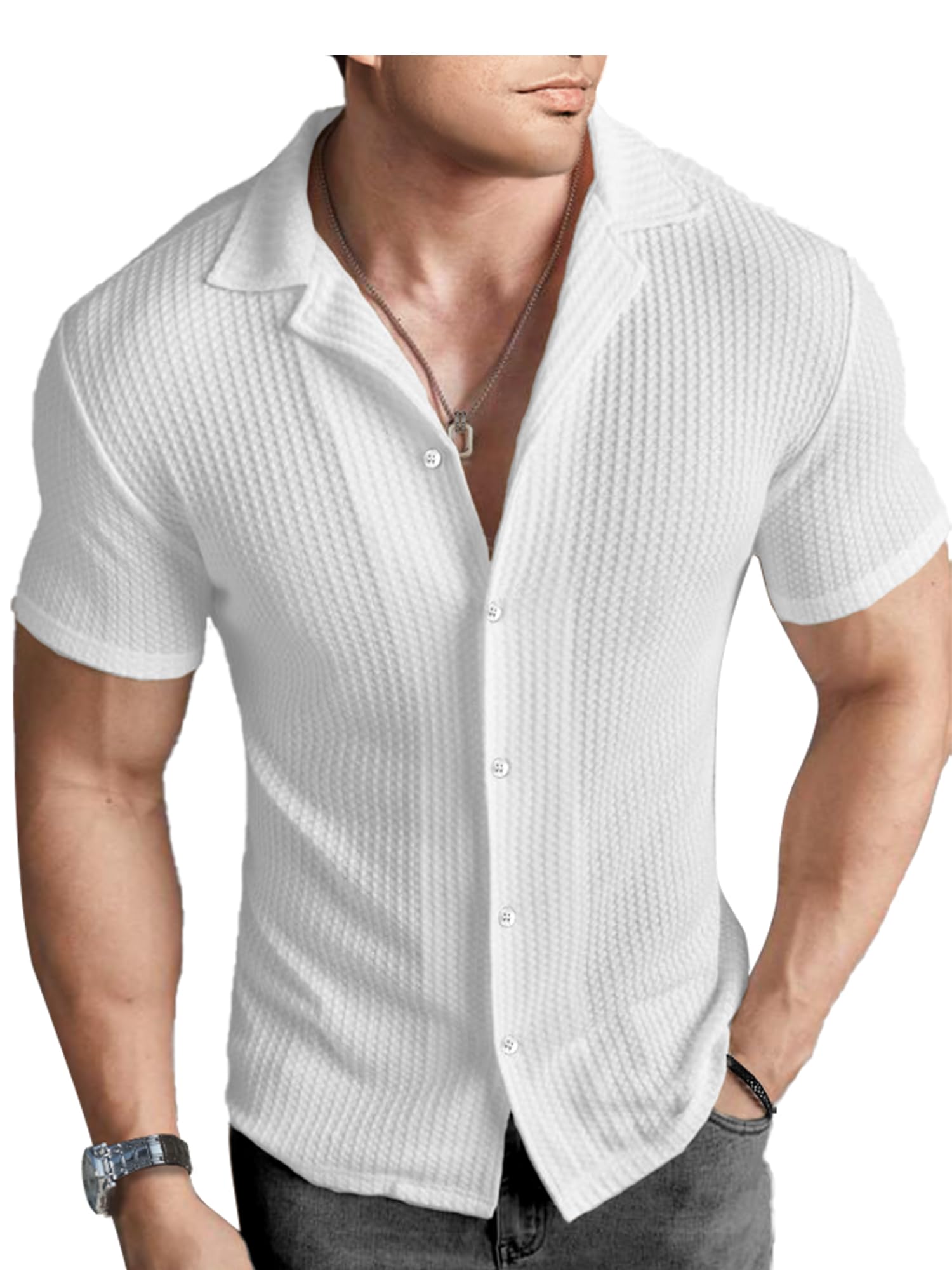PLEPAN Men's Knit Polo Shirts - Short Sleeve Button Down Casual Shirt for Summer, Vintage Waffle Texture | Perfect for Beach Outings, Weekend Wear & Casual Office Attire
