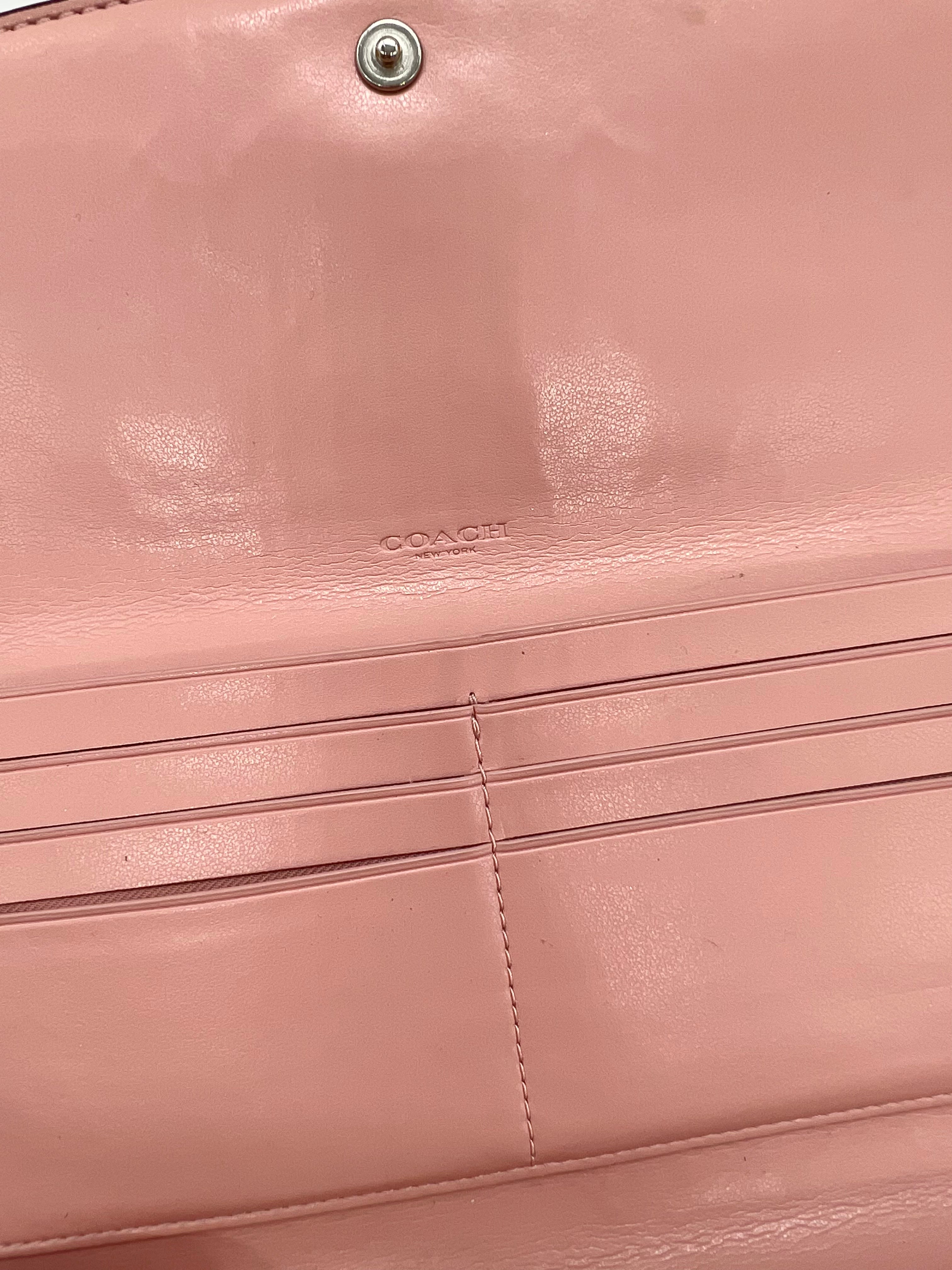 Coach Signature Brown Leather Flap Wallet with Pink Accents - Stylish & Compact for Everyday Use, Travel, and Gifts
