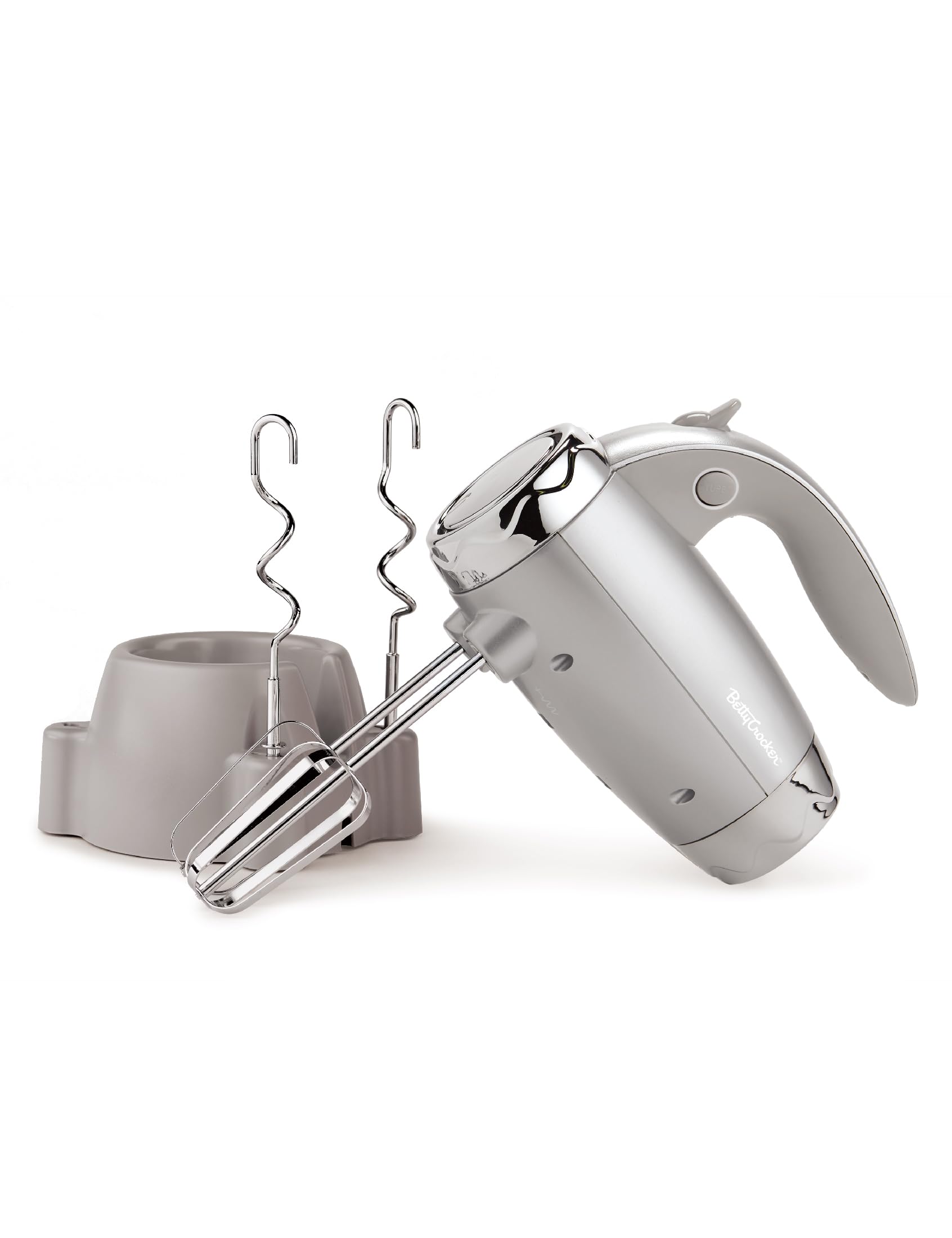 BETTY CROCKER 7-Speed 250W Hand Blender with Beaters & Dough Hooks - Ergonomic Electric Hand Mixer with Stand & Soft Touch Handle for Baking, Whipping, Mixing - Perfect for Cakes, Cookies & Dough in Home Kitchen (Silver)
