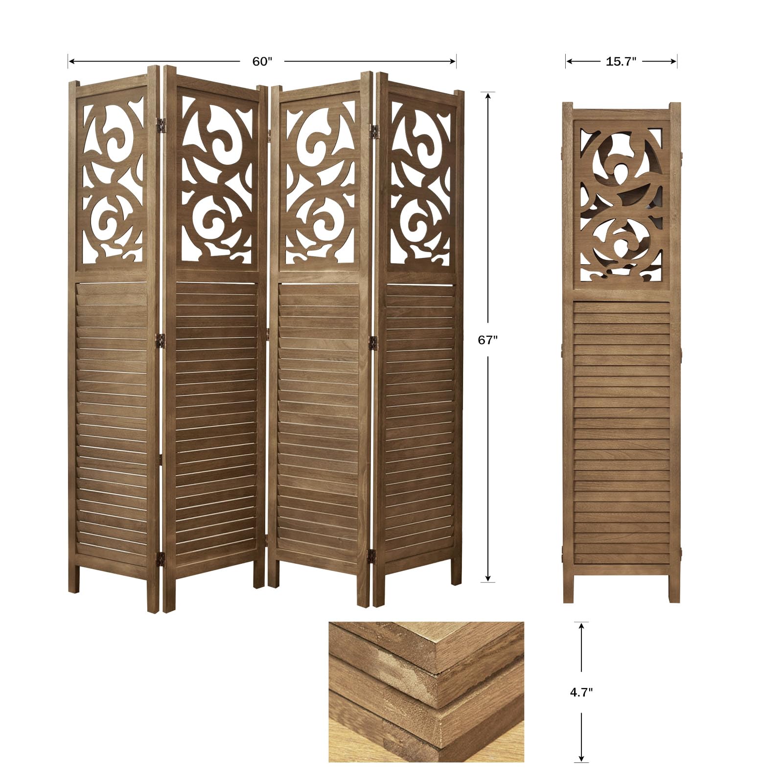 Handcrafted Wooden Room Divider - 4 Panel Folding Partition Screen for Home, Office & Outdoor Spaces (67
