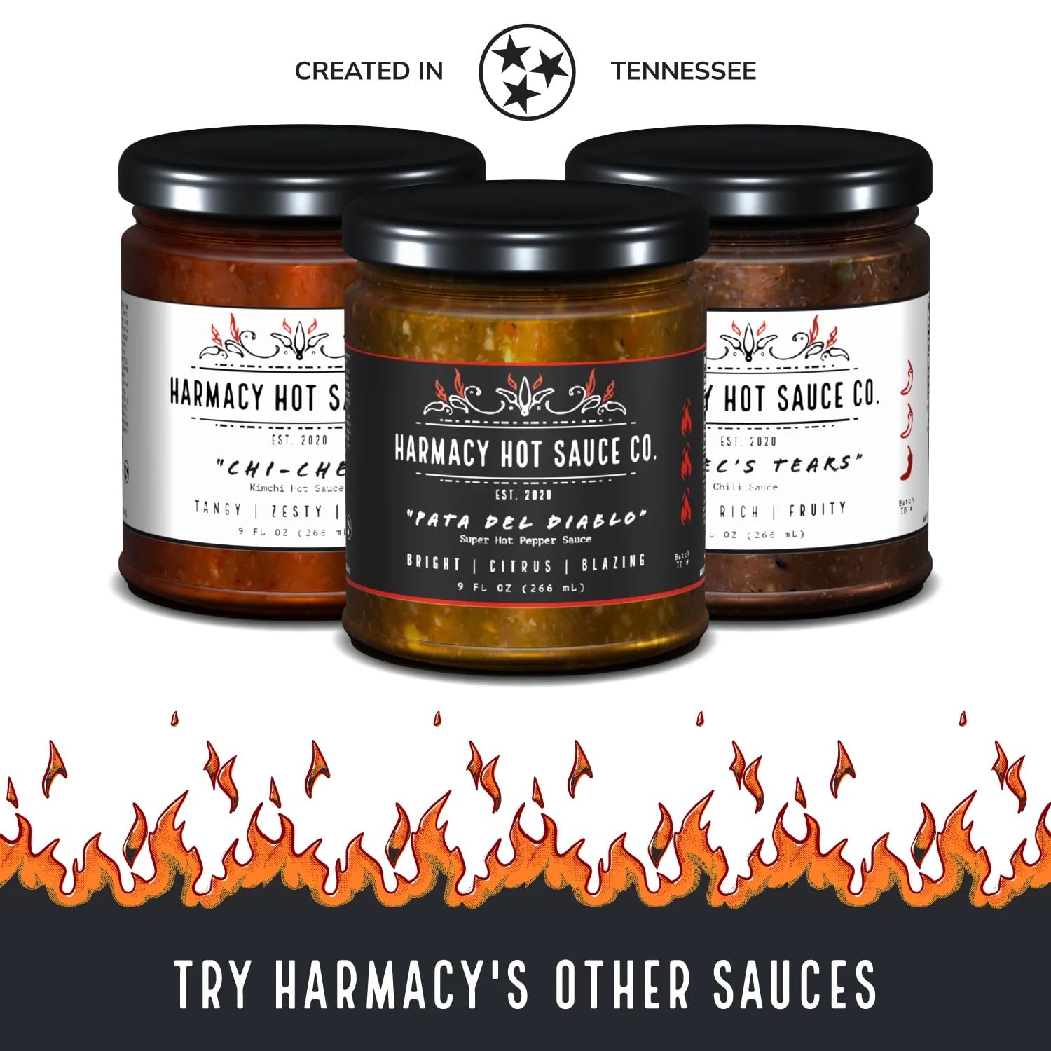 Harmacy Hot Sauce Co. - Award-Winning Gourmet Hot Sauce Gift Set (3-Pack, 9oz Jars) | Vegan, Gluten-Free, Nut-Free, Dairy-Free, Soy-Free | Perfect for Gifts, Cooking, BBQ & Spicy Food Lovers