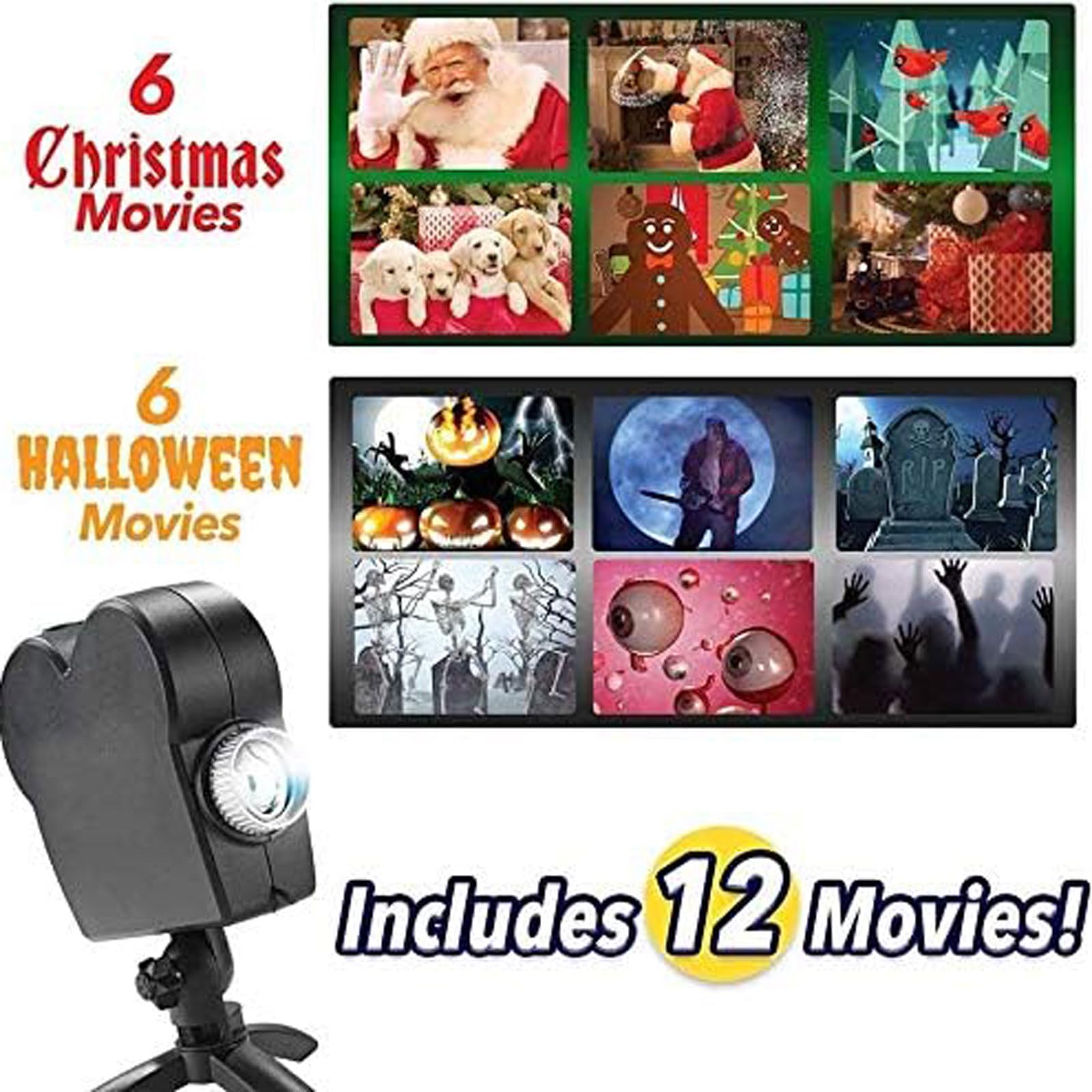 Halloween & Christmas Window Projector Light - 12 Holographic Movie Projections with Tripod Stand for Home Decor, Holiday Parties & Outdoor Displays - Perfect for Halloween Decorations, Christmas Light Shows & Special Events