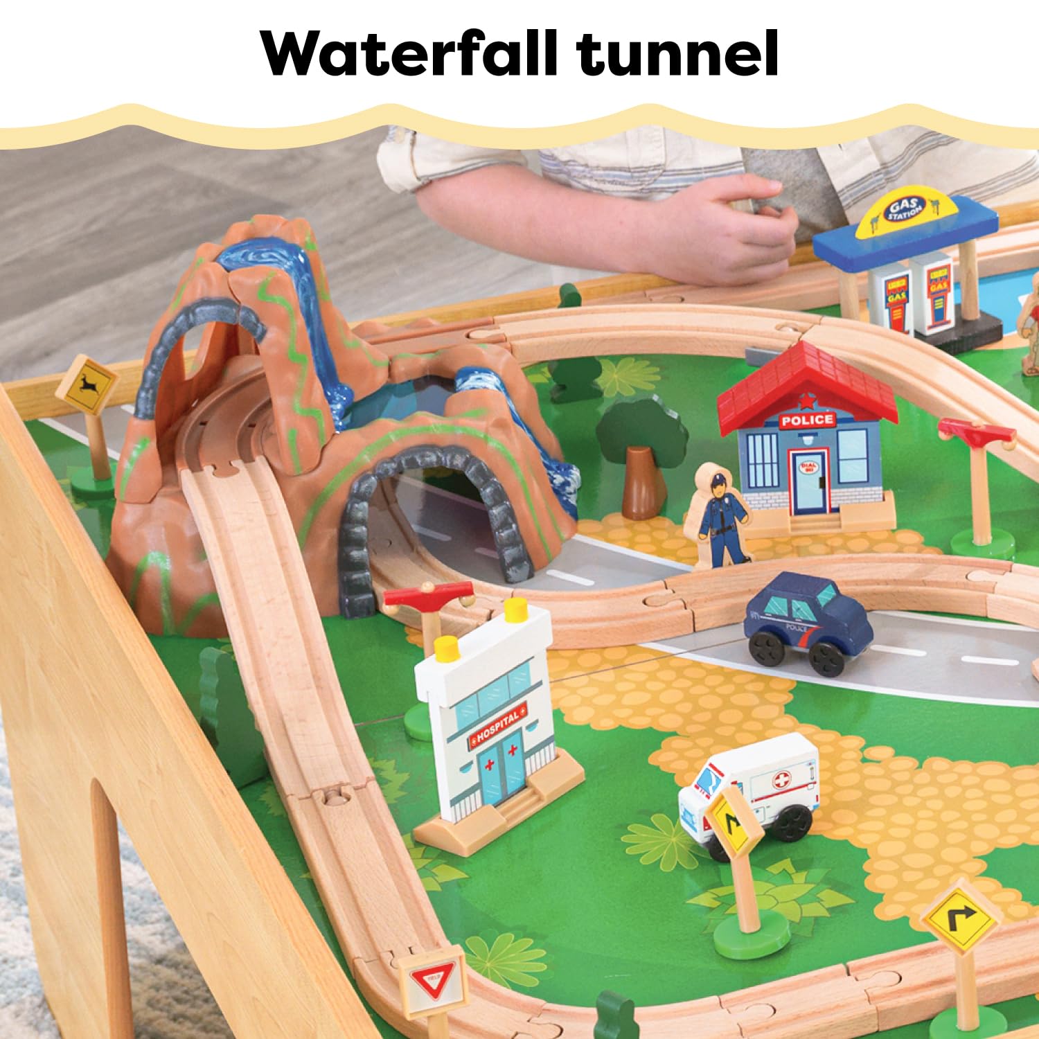 KidKraft 17850 Waterfall Mountain Wooden Train Set & Table - 120 Piece Toy Train Track with Storage Bins | Perfect for Kids Playroom, Preschool Learning & Creative Playtime