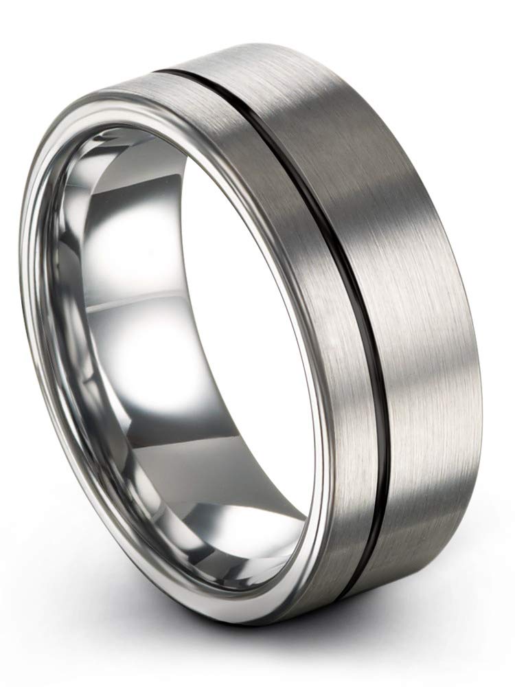 Tungsten Carbide Wedding Band Ring 8mm for Men & Women - Blue Black Offset Line, Flat Cut, Brushed & Polished Finish - Custom Engraved Anniversary & Engagement Ring - Perfect for Weddings, Proposals & Special Occasions