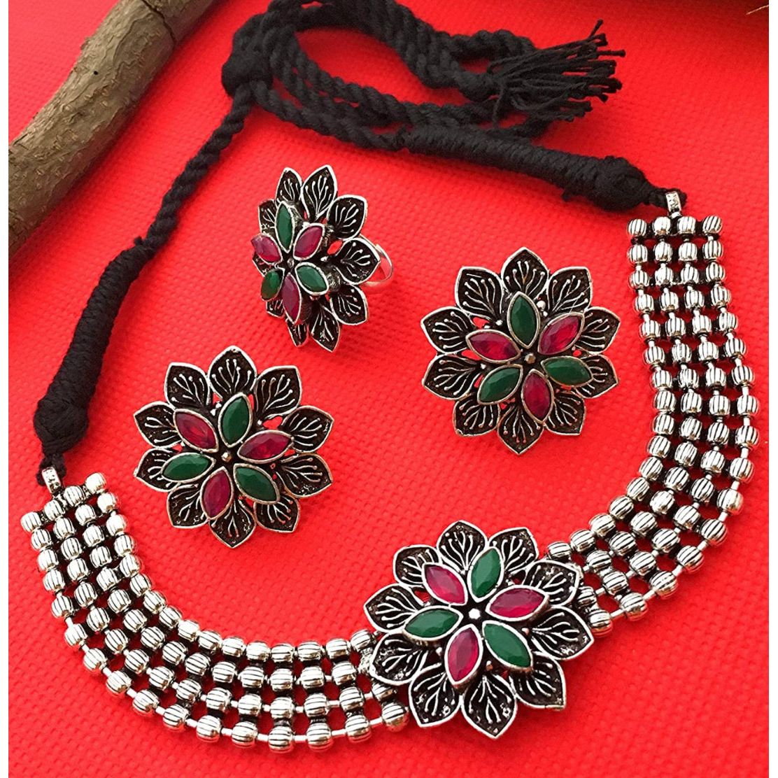 Elegant Oxidized Choker Necklace Set with Matching Ring for Women | Boho Jewelry Gift for Her | Perfect for Weddings, Parties & Date Nights