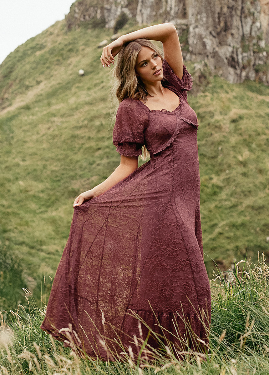 Julietta Women's Elegant Mahogany Dress for Evening Parties, Weddings & Special Occasions | Flowy A-Line Formal Gown with V-Neck & Long Sleeves