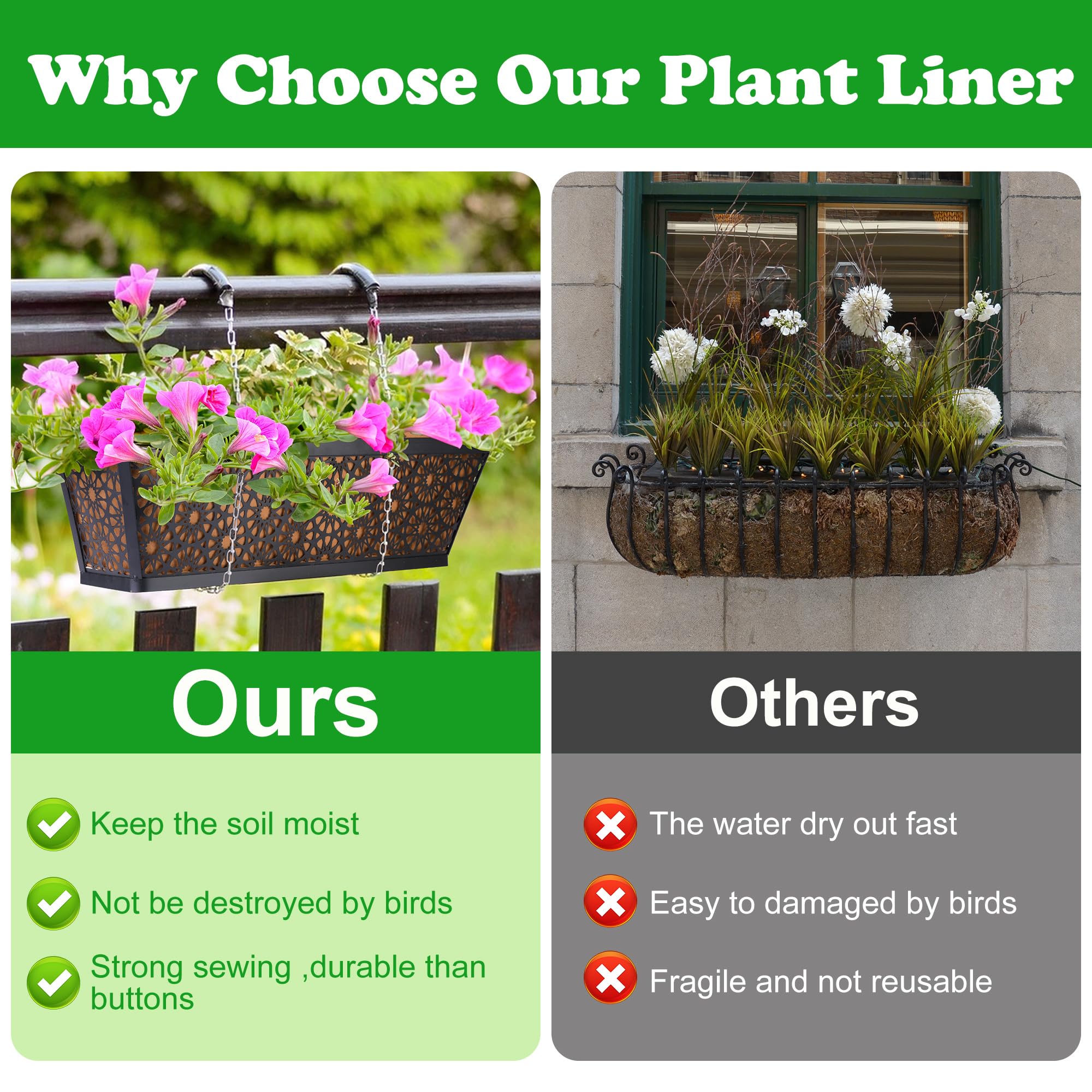Adnee 4-Pack 24 Inch Rectangular Non-Woven Fabric Plant Window Box Liners - Brown Felt Flower Hanging Basket for Outdoor Garden, Wall Hanging Planters, Vegetables - Perfect for Balcony, Patio & Window Decor