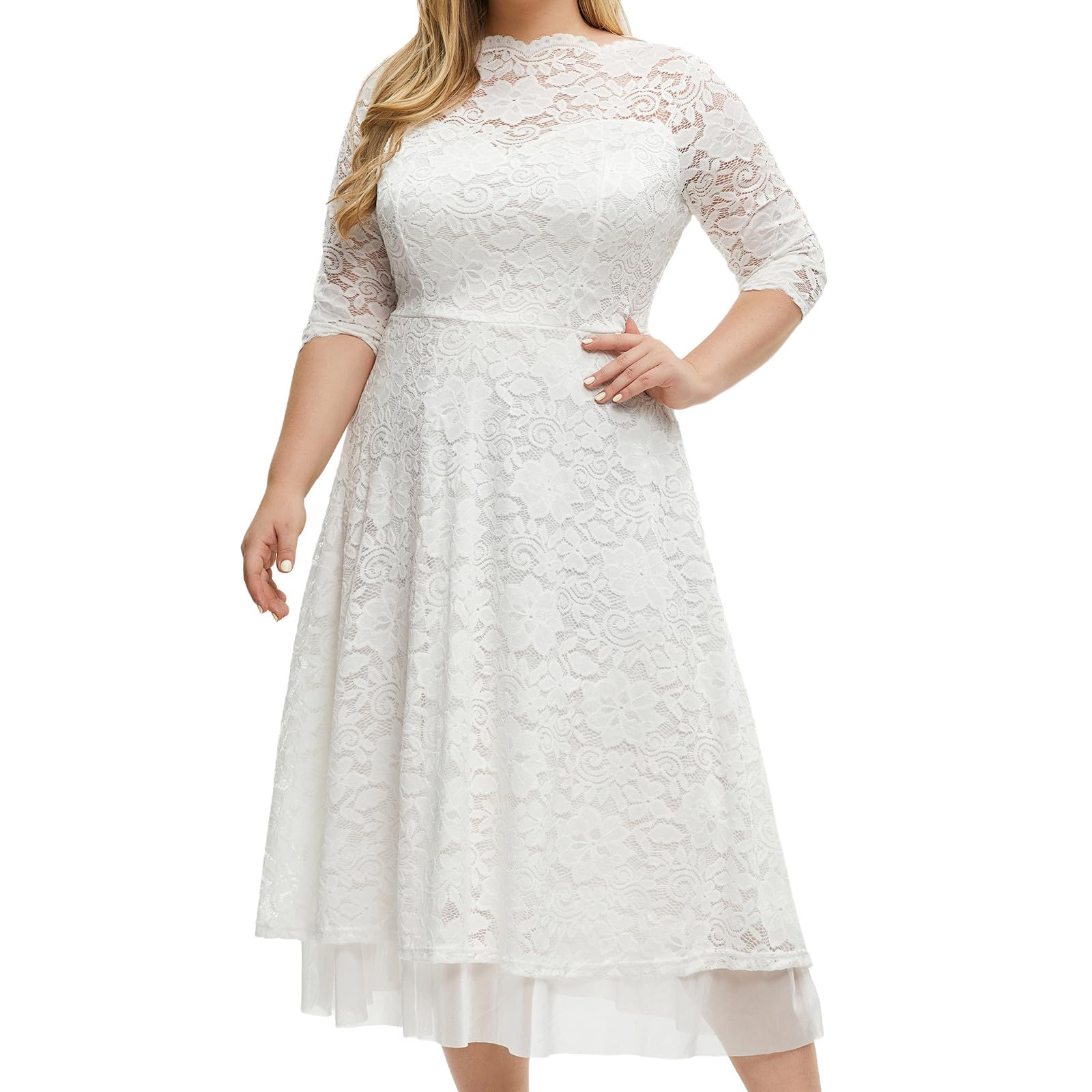 Elegant Plus Size Women's Lace 3/4 Sleeve Cocktail Dress - Formal Wedding Guest & Bridesmaid Maxi Dress for Parties, Receptions & Special Occasions