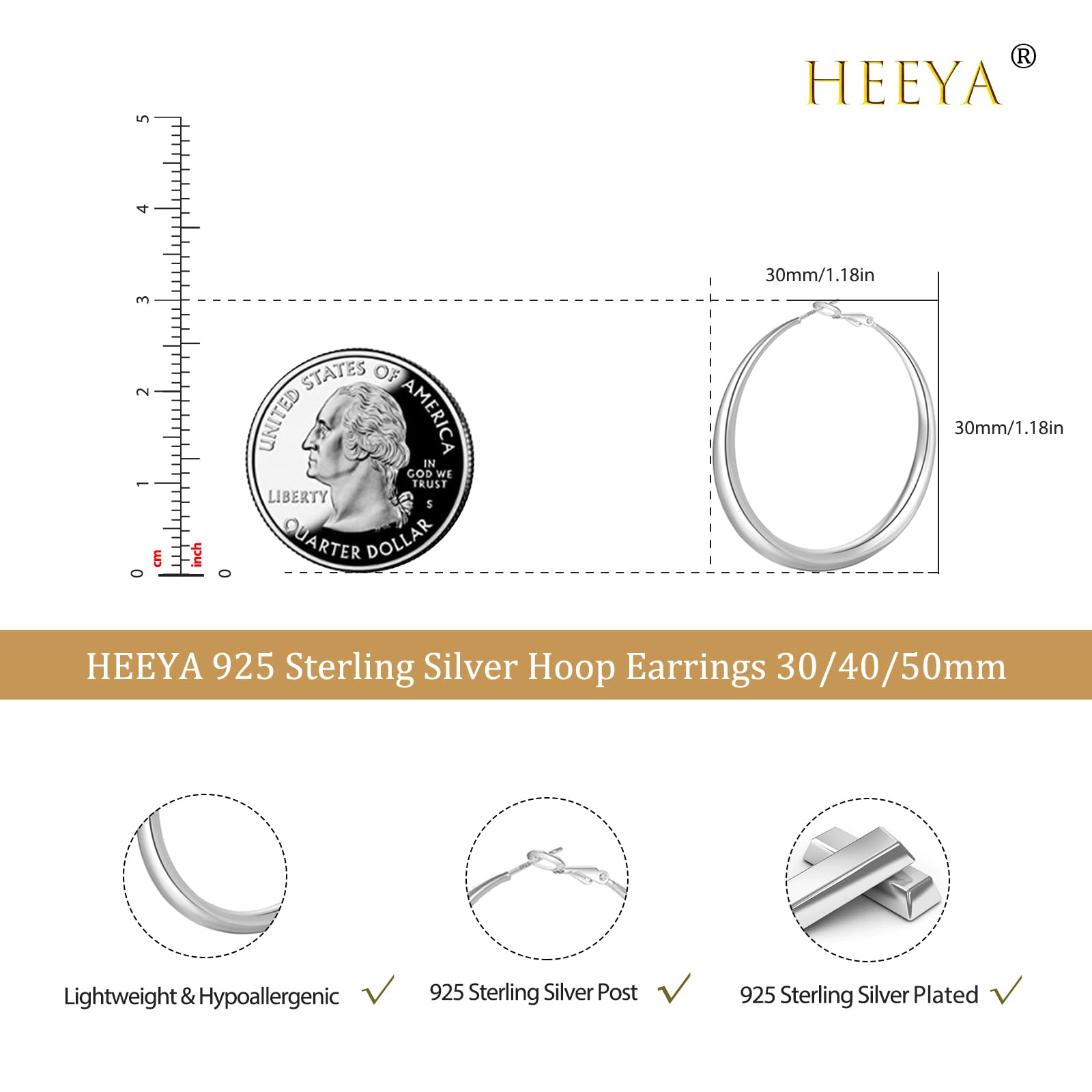 HEEYA S925 Sterling Silver Hoop Earrings for Women - Large 30/40/50mm Lightweight Hypoallergenic Hoops - Gold/Silver Thick Hoop Earrings Set for Girls & Women | Perfect for Everyday Wear, Parties & Gifts