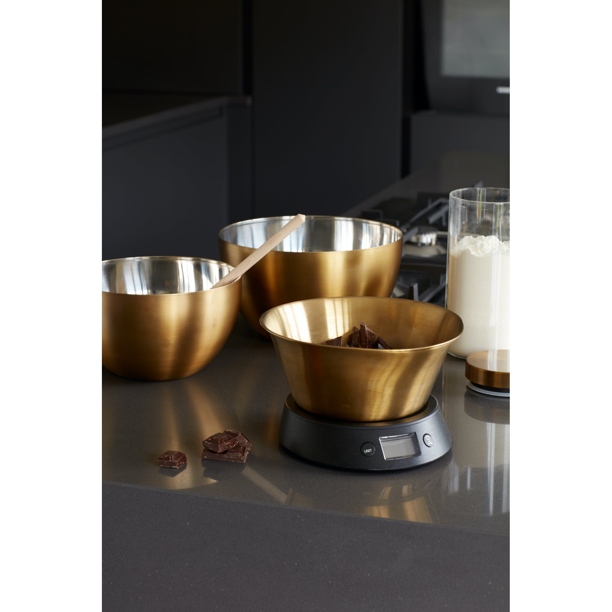 Premium Electronic Dual Dry and Liquid Kitchen Scale with Brass Finish Bowl - Perfect for Baking, Cooking, and Coffee Brewing