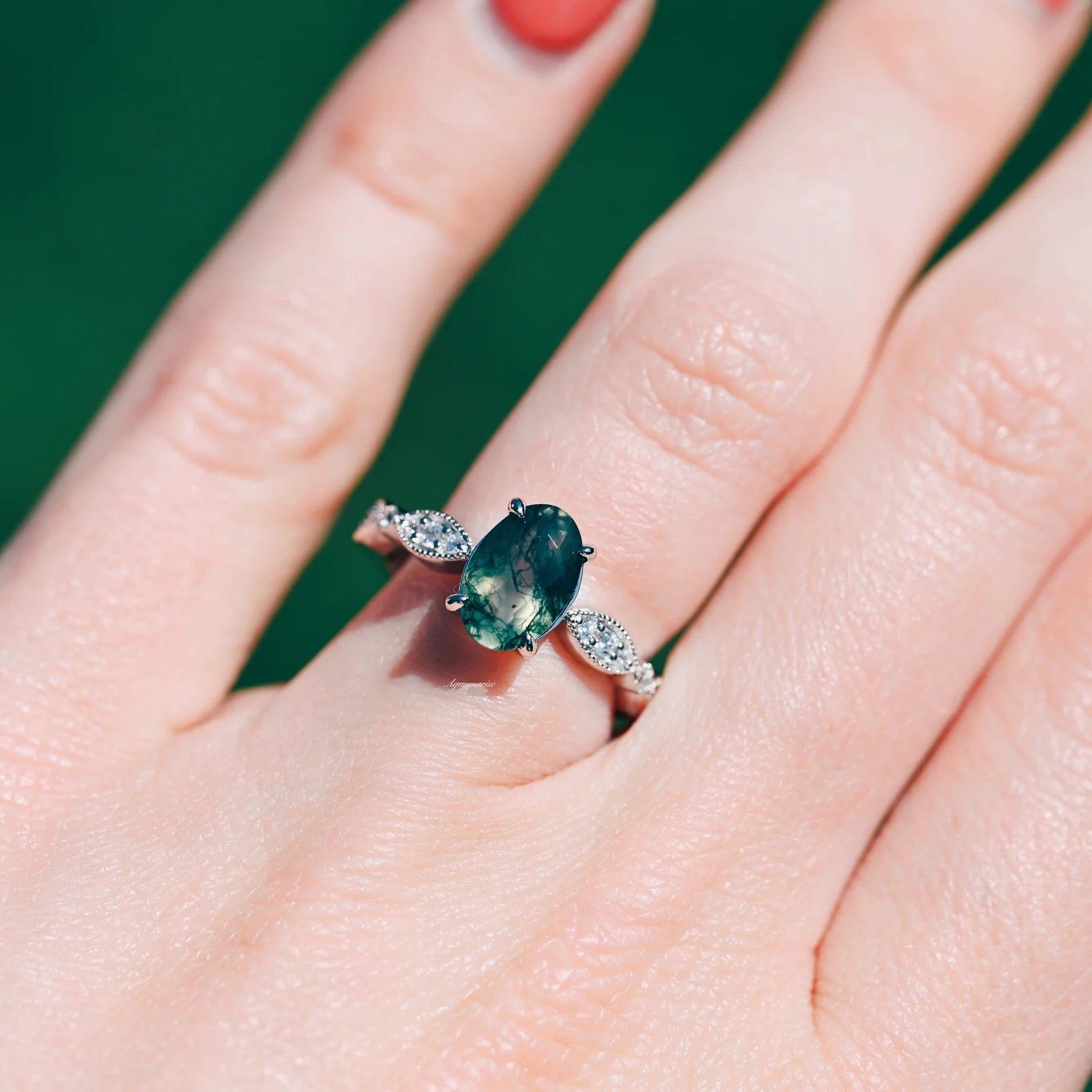 Kylie Art Deco Green Moss Agate Ring - Sterling Silver Jewelry for Women | Vintage Style Statement Ring for Parties, Weddings & Everyday Wear